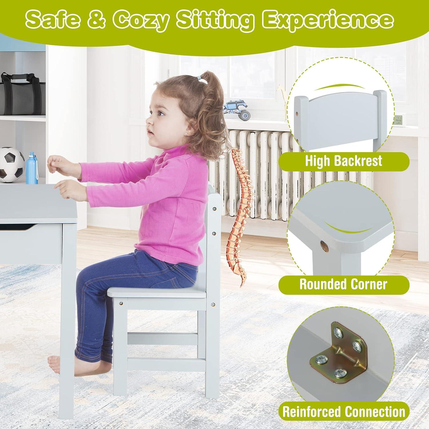 Gray Wooden Kids Activity Table and Chair Set with Storage