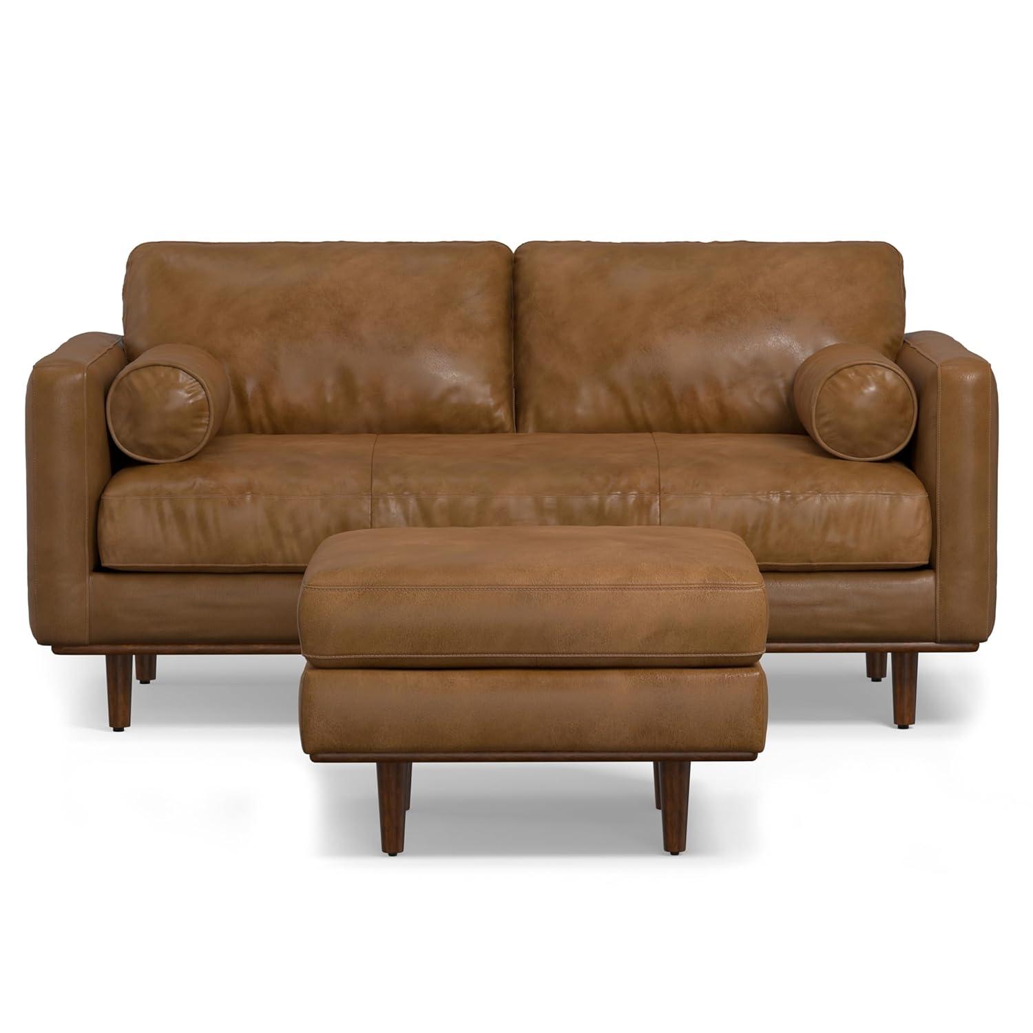 Simpli Home Morrison  Sofa and Ottoman Set in Genuine Leather