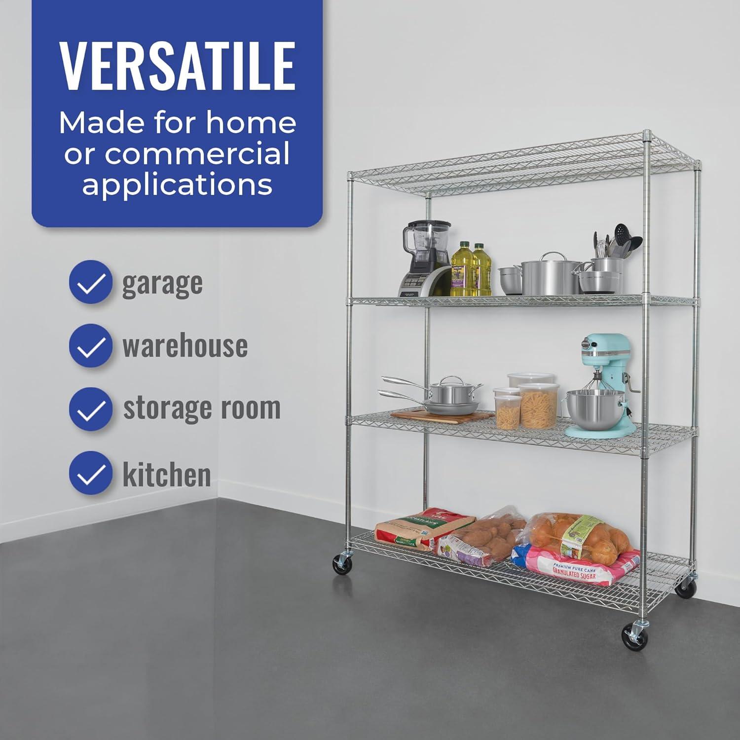 SafeRacks WS-602472-ZW4 24 x 60 x 72-Inch 4-Tier Storage Heavy-Duty 350-Pound Shelf Steel Wire Shelving Rack with Wheels, Stainless