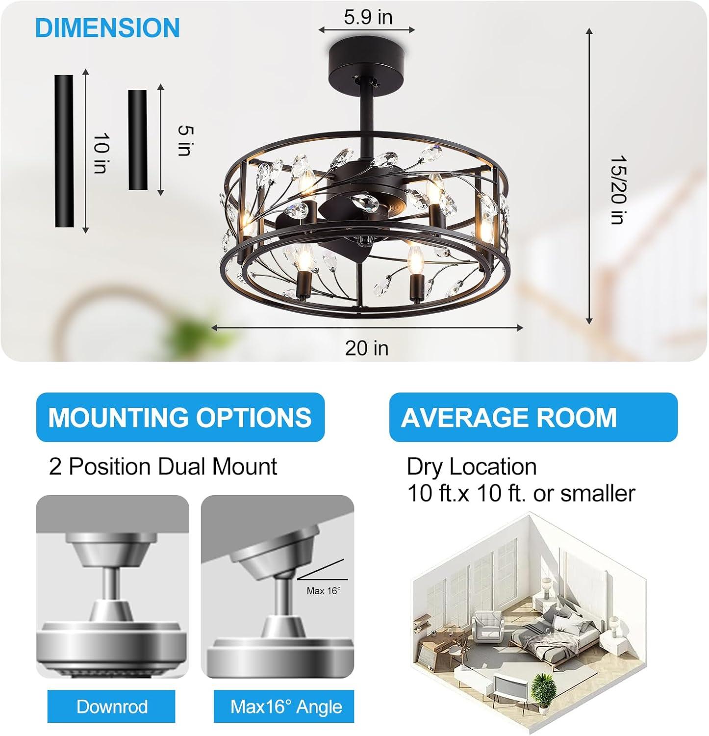 Breezary 20 IN Modern Crystal 5 Blade Ceiling Fan with Light Kit and Remote Black N/A Matte