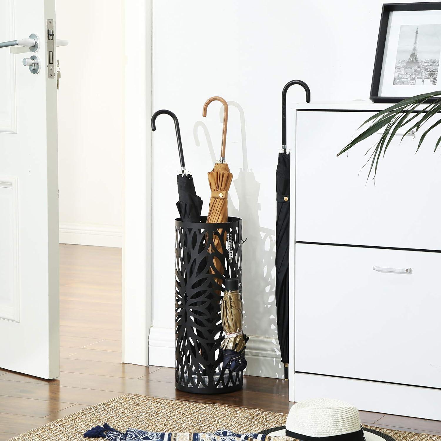 Black Metal Round Pedestal Umbrella Stand with Hooks