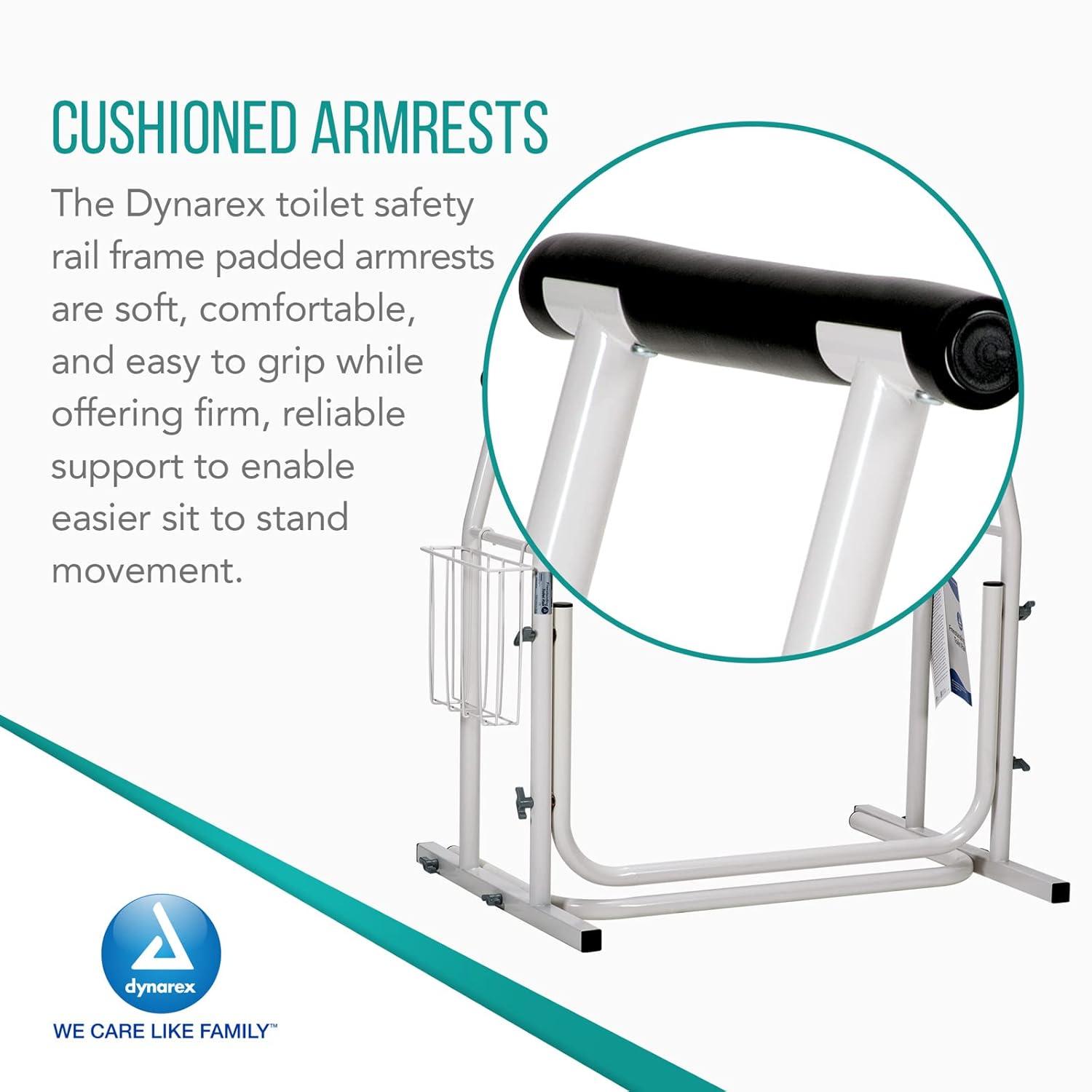 Dynarex Freestanding Toilet Safety Rail - Provides Safe Support for Sitting and Standing with Padded Arms & 300 lb. Weight Capacity, White, 1 Toilet Safety Rail