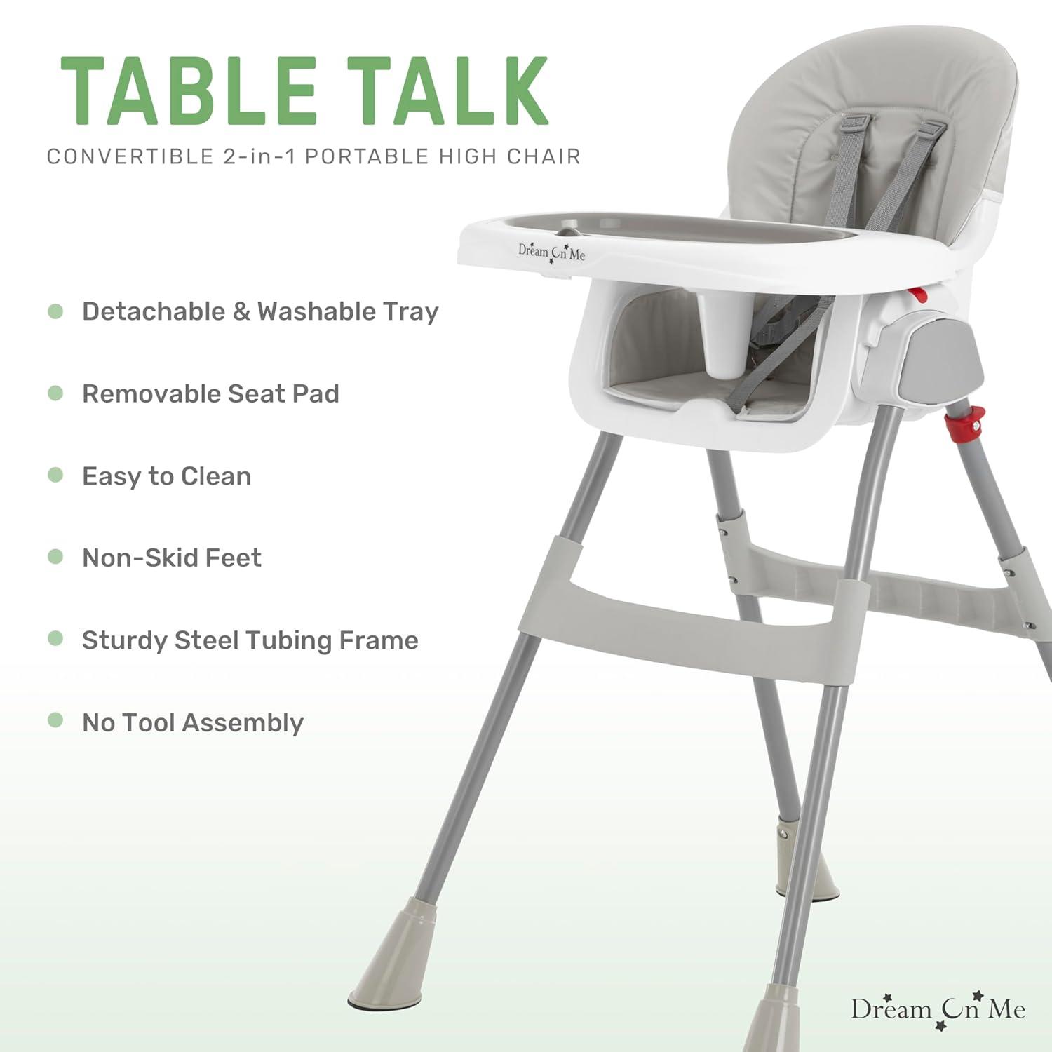 Dream On Me Portable 2-In-1 Table Talk High Chair - Convertible Compact and Lightweight, Grey