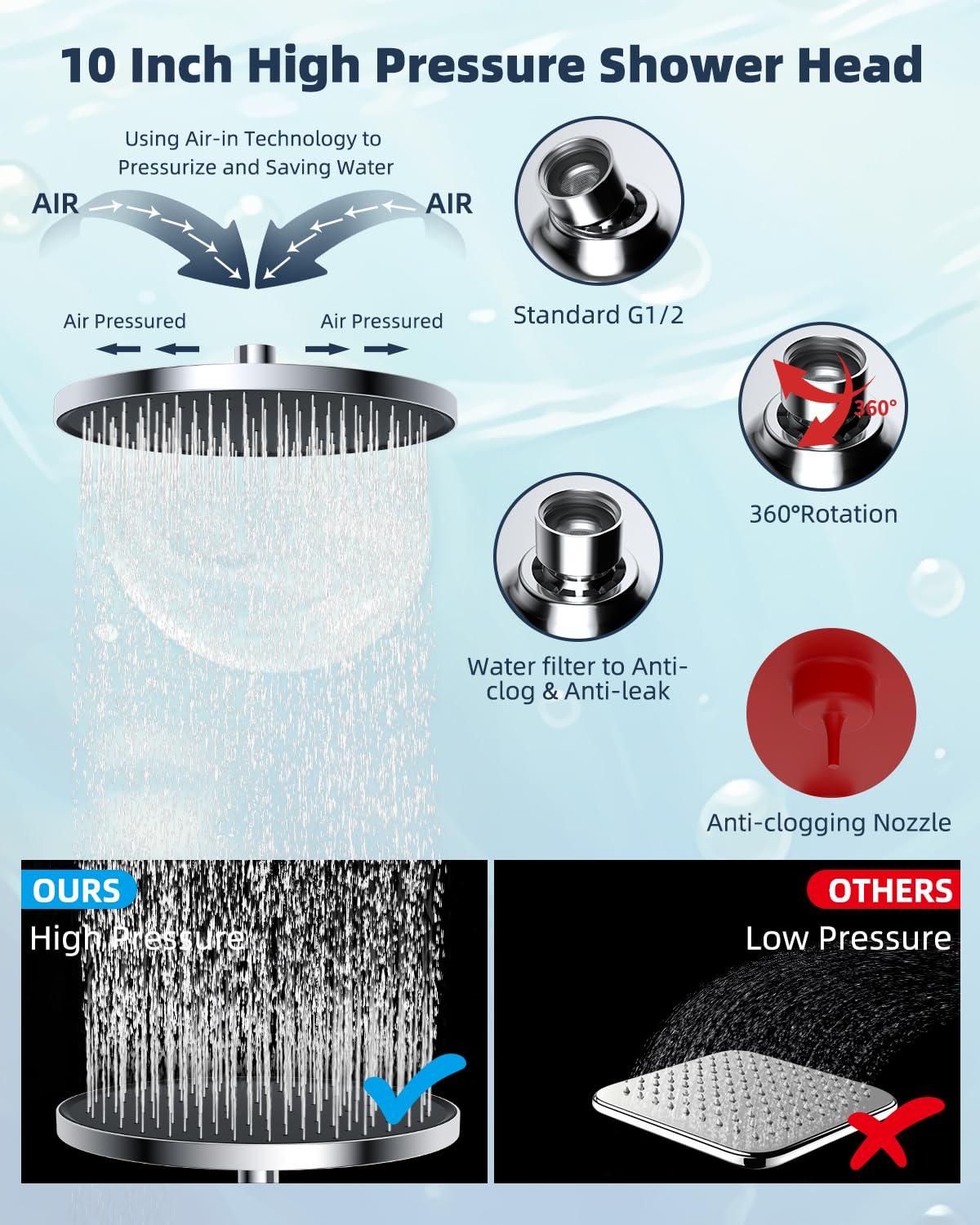Self-cleaning 10" High Pressure Rainfall Shower Head with Hand Sprayer