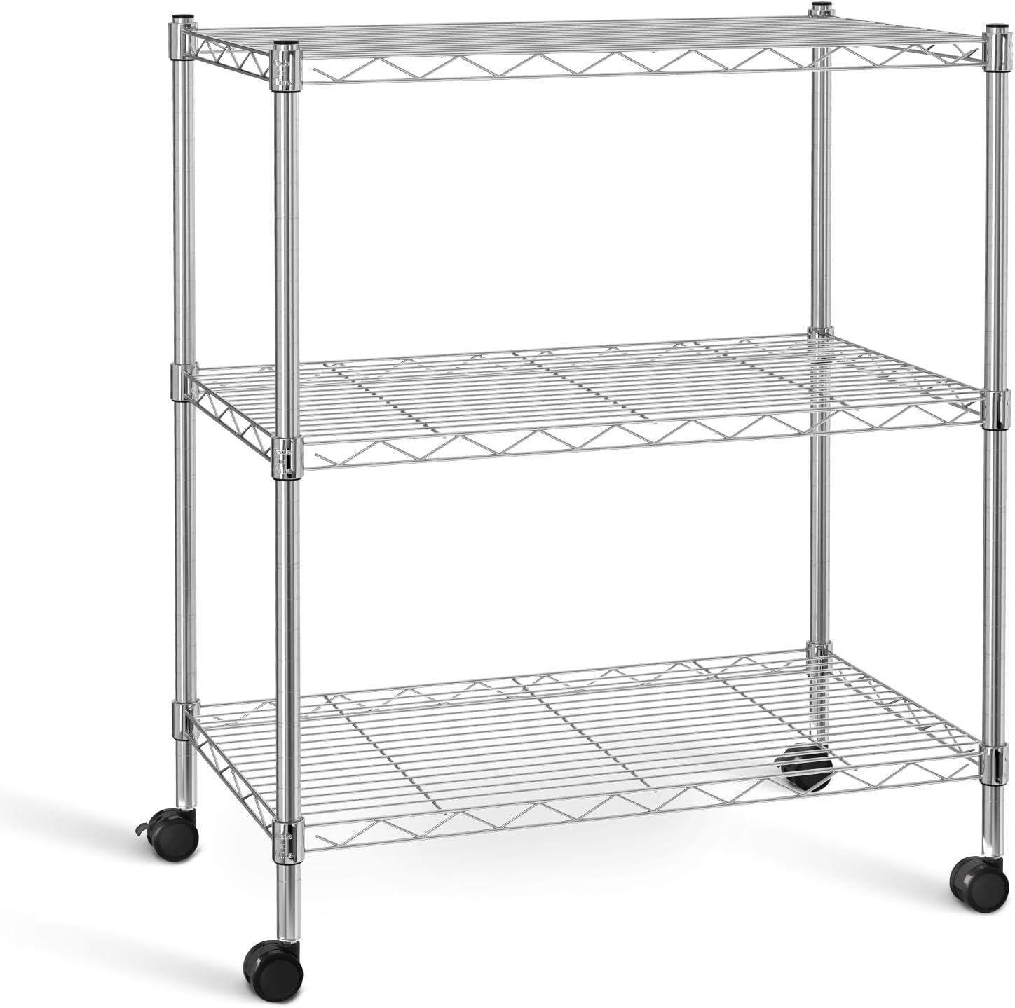 Chrome 3-Tier Adjustable Steel Shelving Unit with Wheels