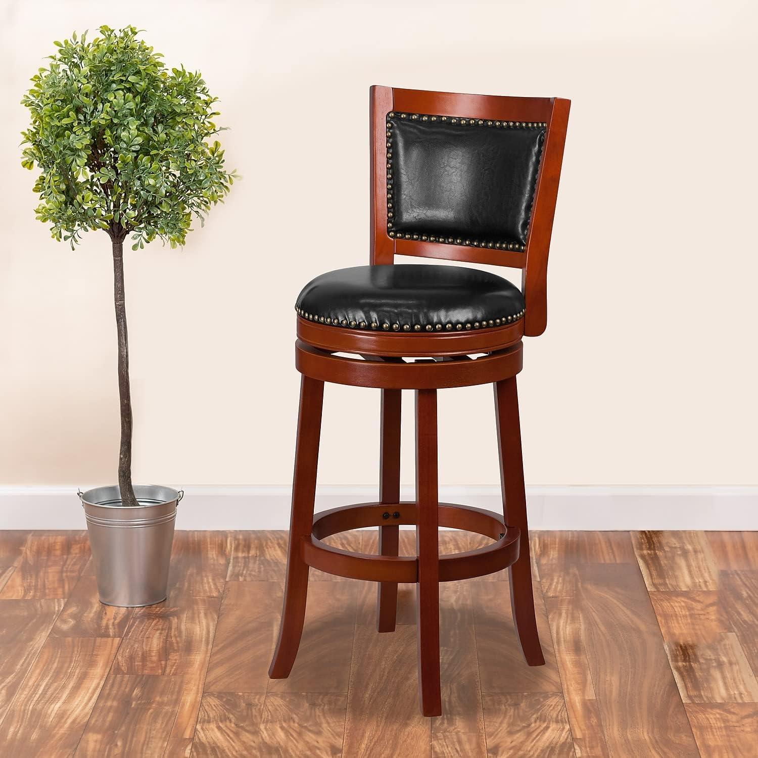 Elegant Light Cherry Wood Barstool with Black Leather Swivel Seat