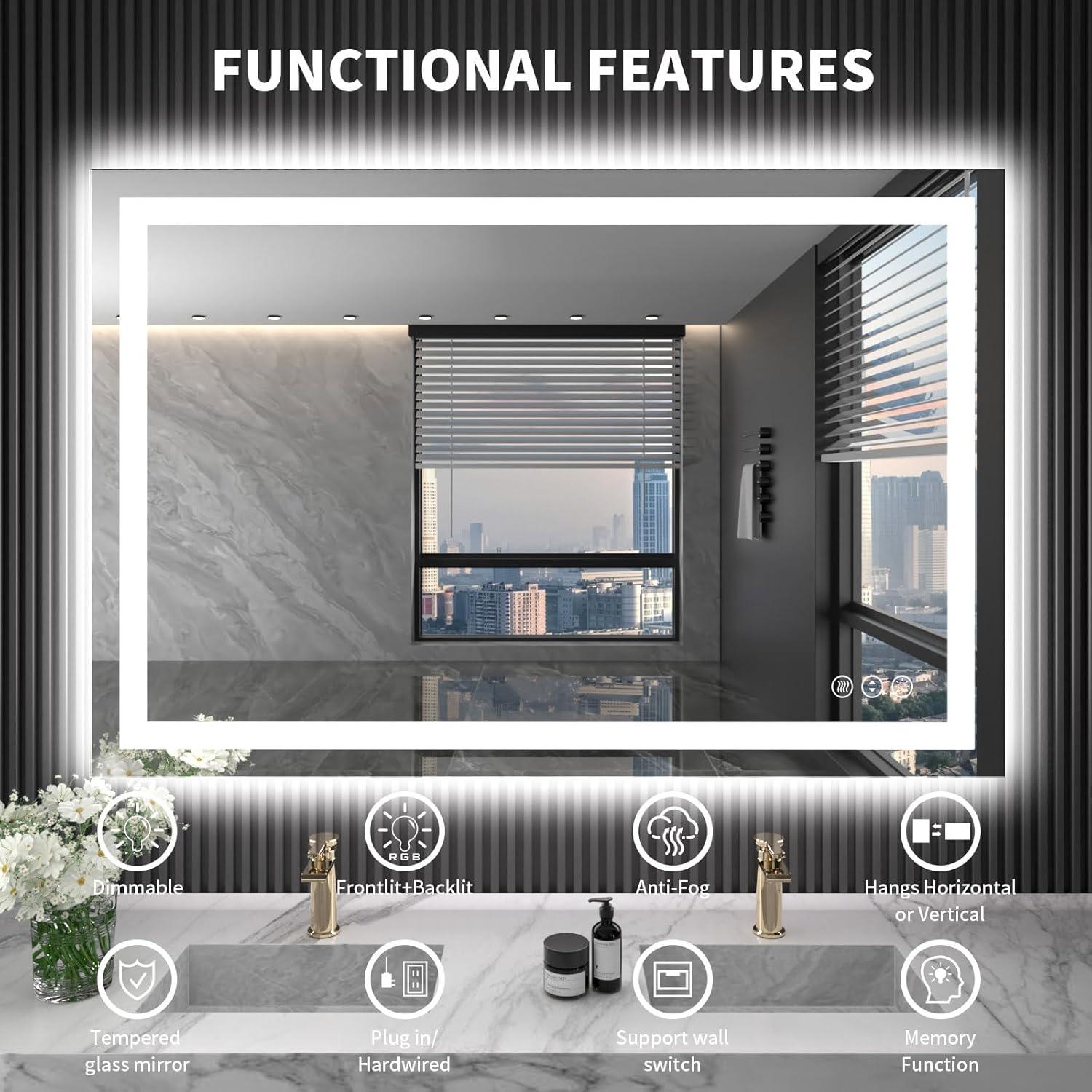 48x32 Frameless LED Bathroom Vanity Mirror with Anti-Fog and Dimmable Lights