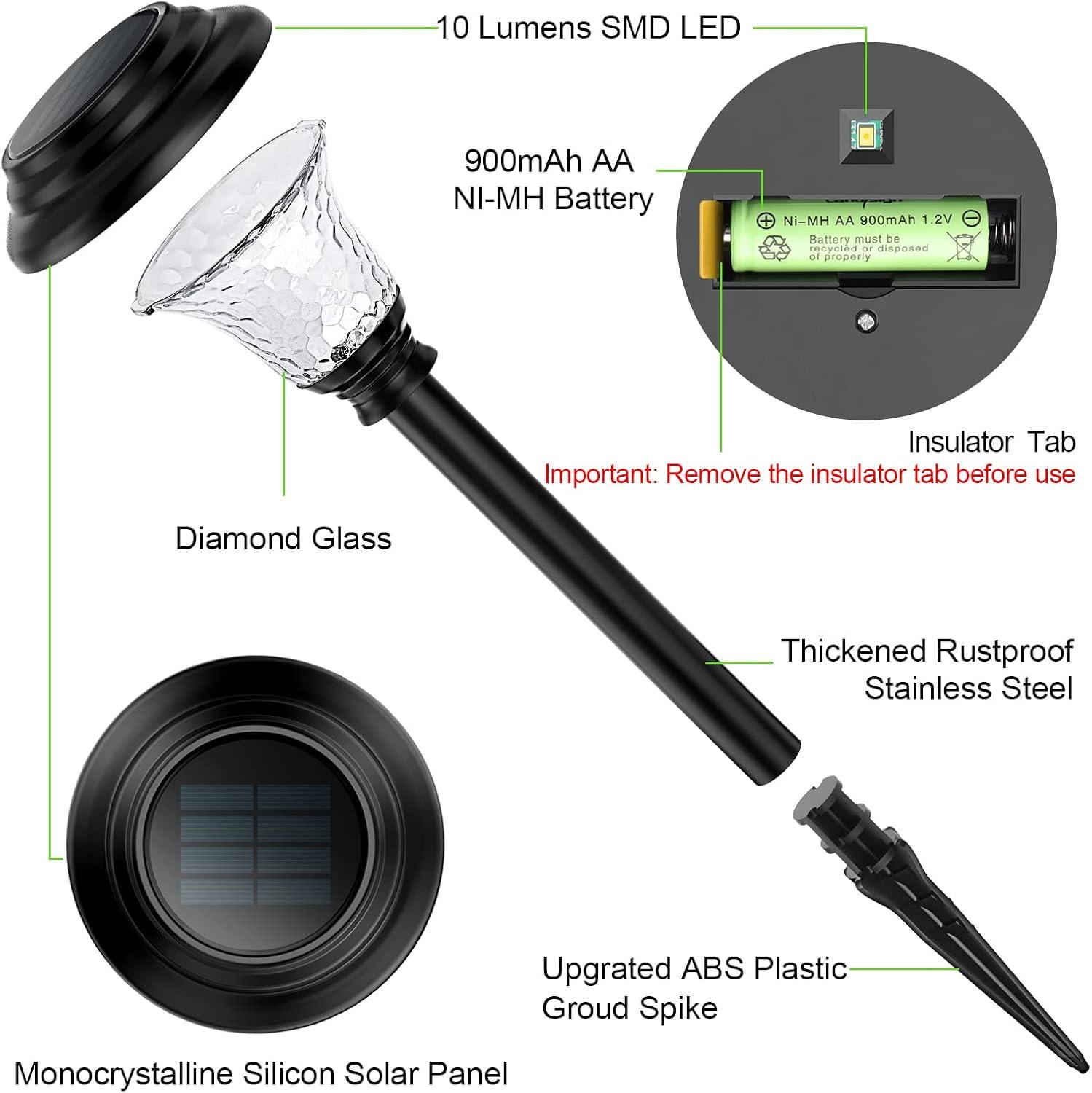 Glass Solar Lights Outdoor, 8 Pack Super Bright Solar Pathway Lights, Up to 12 Hrs Long Last Auto On/Off Garden Lights Solar Powered Waterproof, Stainless Steel LED Landscape Lighting for Yard