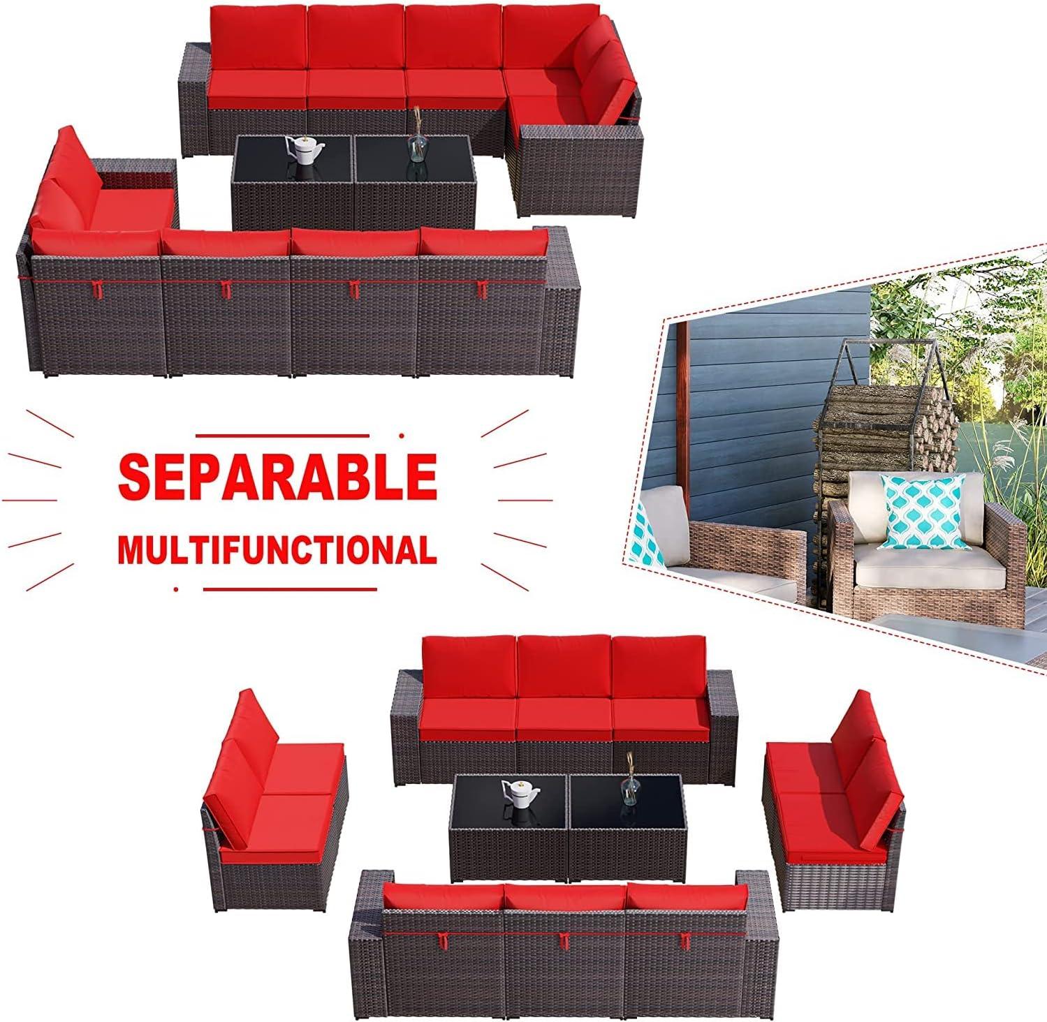 Kullavik 9 Pieces Outdoor Patio Furniture Set Outdoor Sectional Rattan Sofa Set Brown Manual Wicker Patio Conversation Set with Navy Blue Cushions,1 Tempered Glass Tea Table and Cushions Covers
