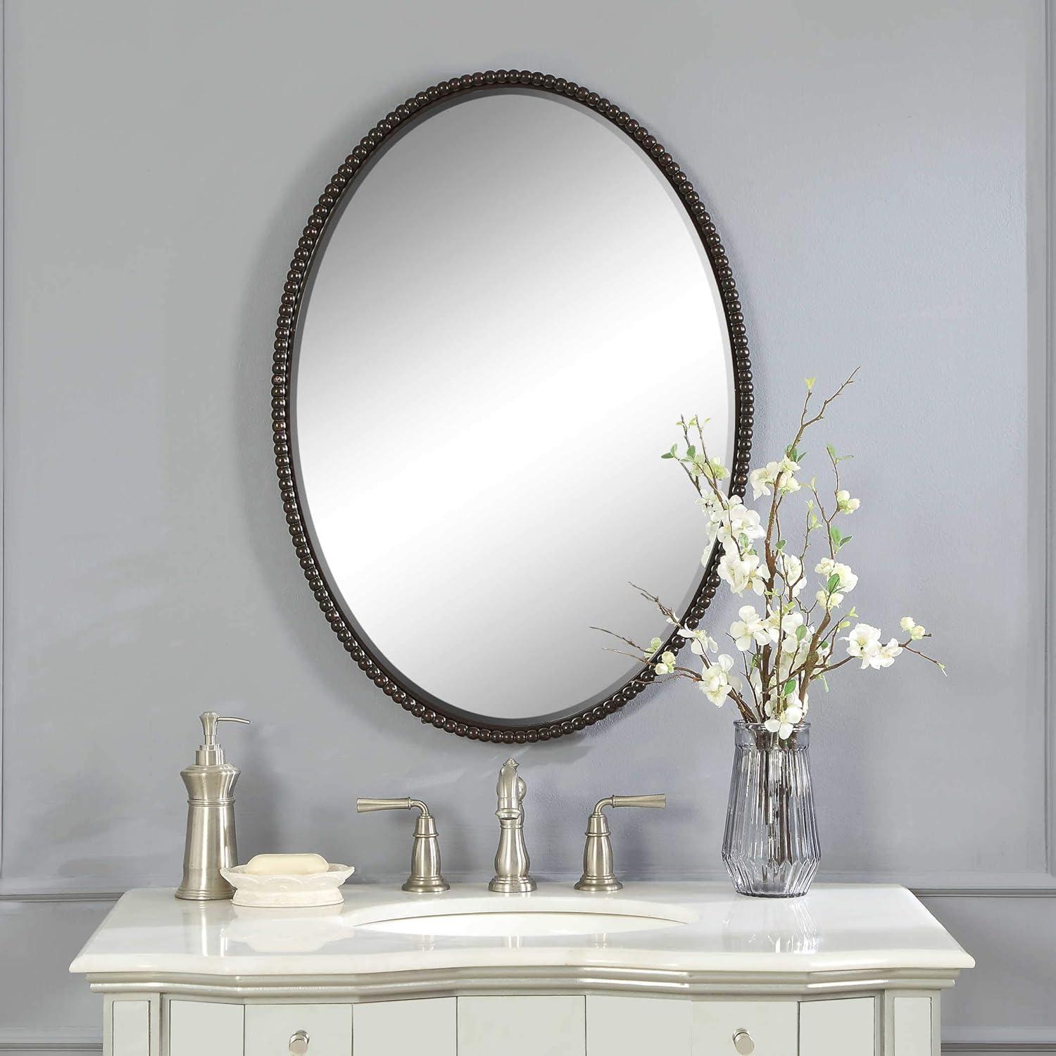 Uttermost Oval Vanity Decorative Wall Mirror Vintage Brown Beveled Oil Rubbed Bronze Beaded Frame 22" Wide for Bathroom Bedroom