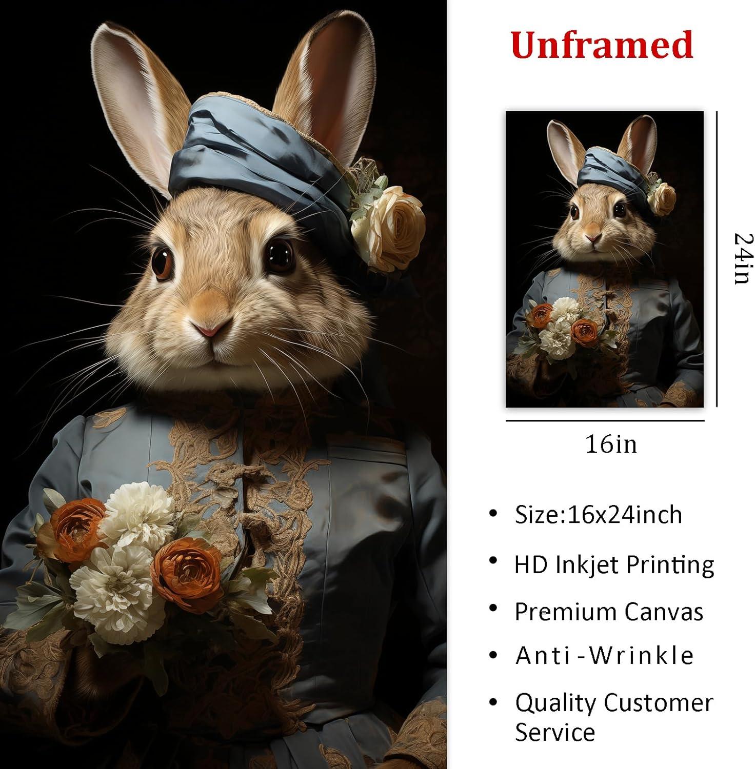 Asdg12s-Vintage Bunny Picture Cute Animal Paintings Modern Animal Wall Art Forest Animal Posters Dark Forest Bunny Art Rustic Animal Pictures Rabbit Floral Painting Gothic Animal Wall Art