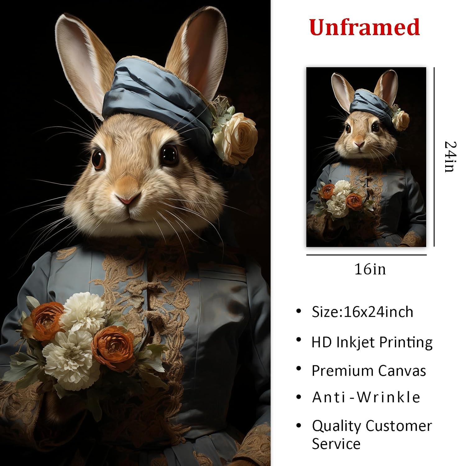 Asdg12s-Vintage Bunny Picture Cute Animal Paintings Modern Animal Wall Art Forest Animal Posters Dark Forest Bunny Art Rustic Animal Pictures Rabbit Floral Painting Gothic Animal Wall Art