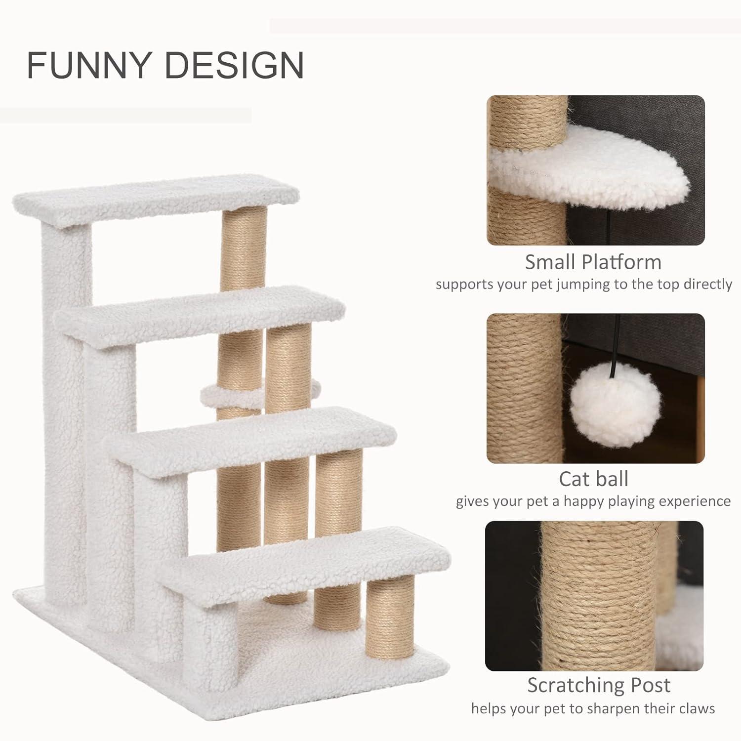 ZHI-22 4 Levels Cat Steps, Pet Stairs Carpeted Ladder, Kitten Tree Climber with Scratching Posts, Hanging Play , Side Step, for High Bed, Sofa, White