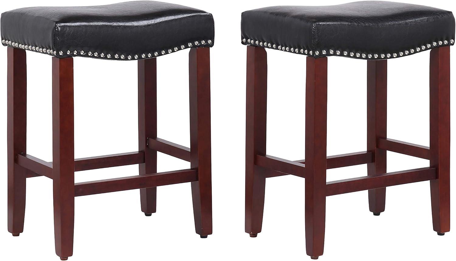 Modern Farmhouse 24" Black Leather Saddle Bar Stools, Set of 2