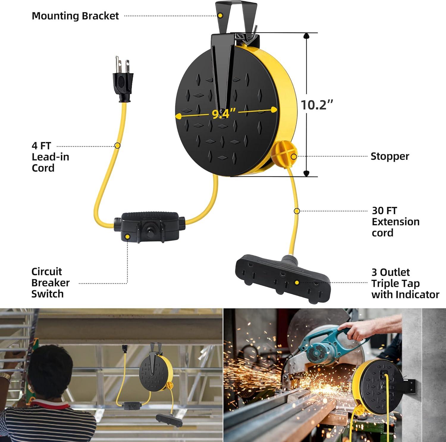 EP 30 Ft Retractable Extension Cord Reel, 16/3 SJTW Power Cord with 3 Electrical Outlets, Ceiling or Wall Mount, 10 Amp Circuit Breaker, Metal Plate, UL Listed, Red