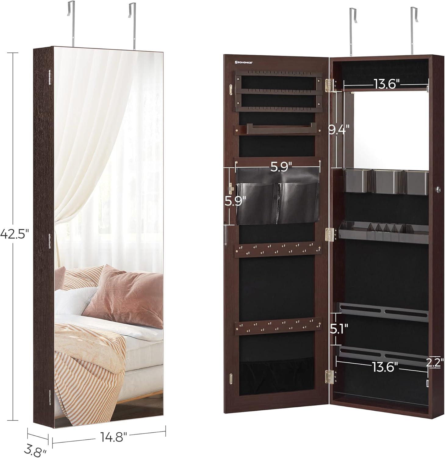 SONGMICS Jewelry Armoires Wall/Door Mount Jewelry Storage Cabinet Organizer Box Full-Length Mirror with Built-in Small Mirror Jewelry Shelves Gift Idea Brown