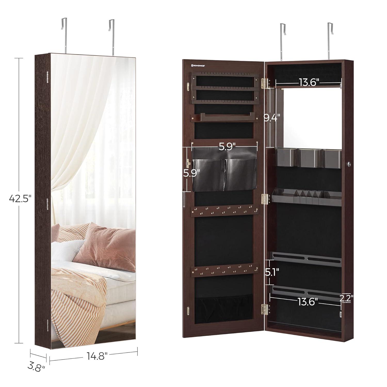 SONGMICS Jewelry Armoires Wall/Door Mount Jewelry Storage Cabinet Organizer Box Full-Length Mirror with Built-in Small Mirror Jewelry Shelves Gift Idea Brown