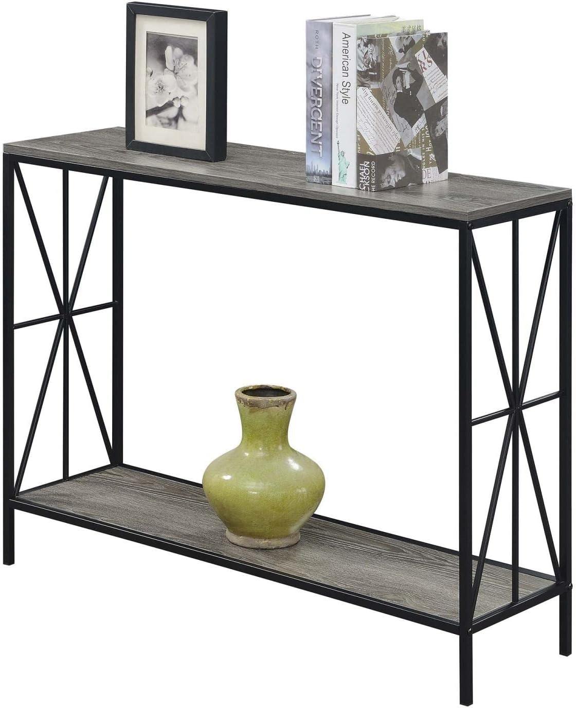 Weathered Gray & Black Starburst Console Table with Metal Frame