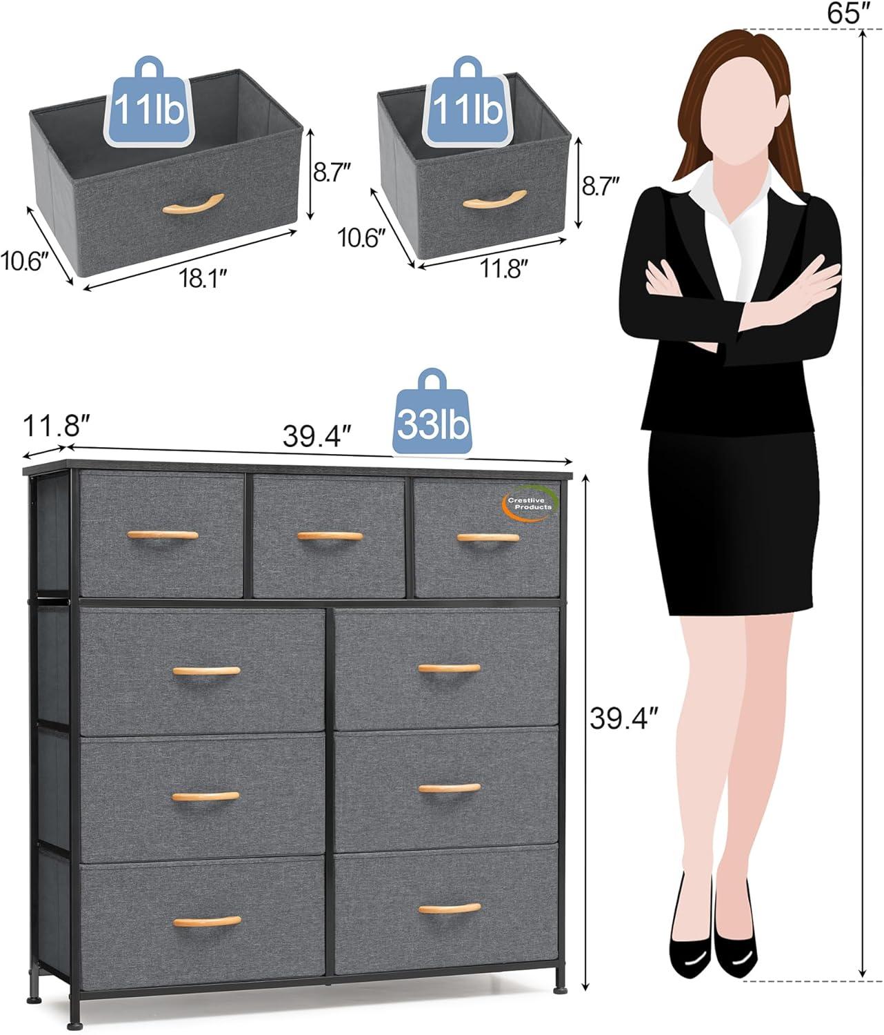 Crestlive Products Home Extra Wide Closet Dresser Storage Tower Organizer Unit 9 Drawers Grey Dark Wood