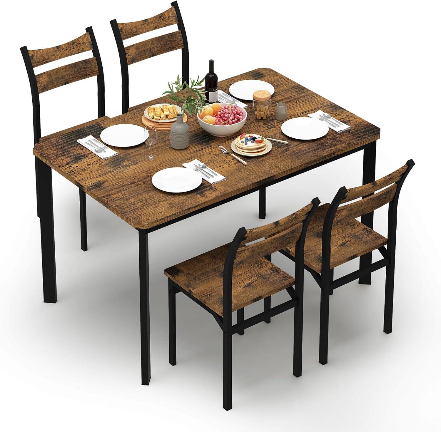 5-Piece Dining Room Table Set, Compact Wooden Kitchen Table and 4 Chairs with Metal Legs Dinette Sets, Industrial Style Kitchen Table and Chairs for Dining Room & Small Space