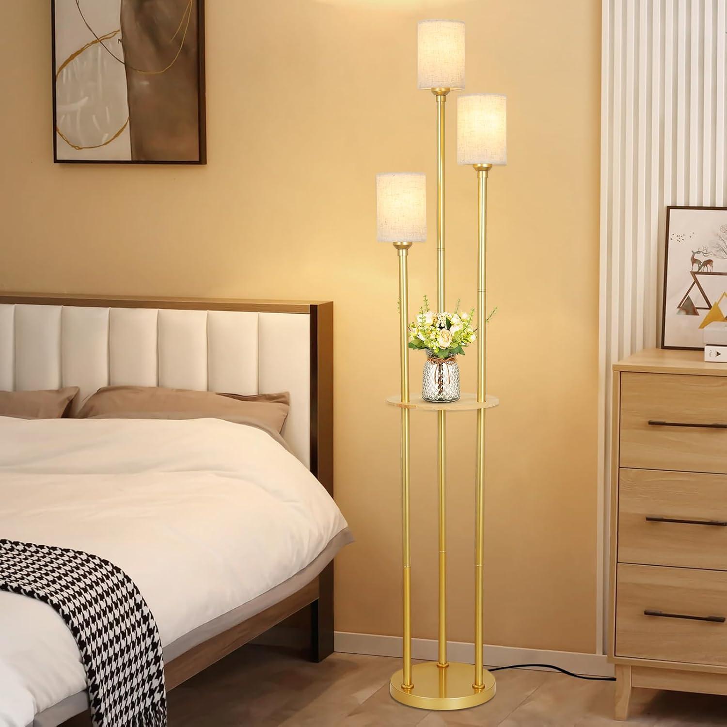 Floor Lamps for Living Room, 3-Lights Modern Floor Lamp with Shelves, Gold Standing Lamp with Fabric Shade and Foot Switch, Shelf Standing Lamps with Table, Tall Table Lamps for Bedroom Office