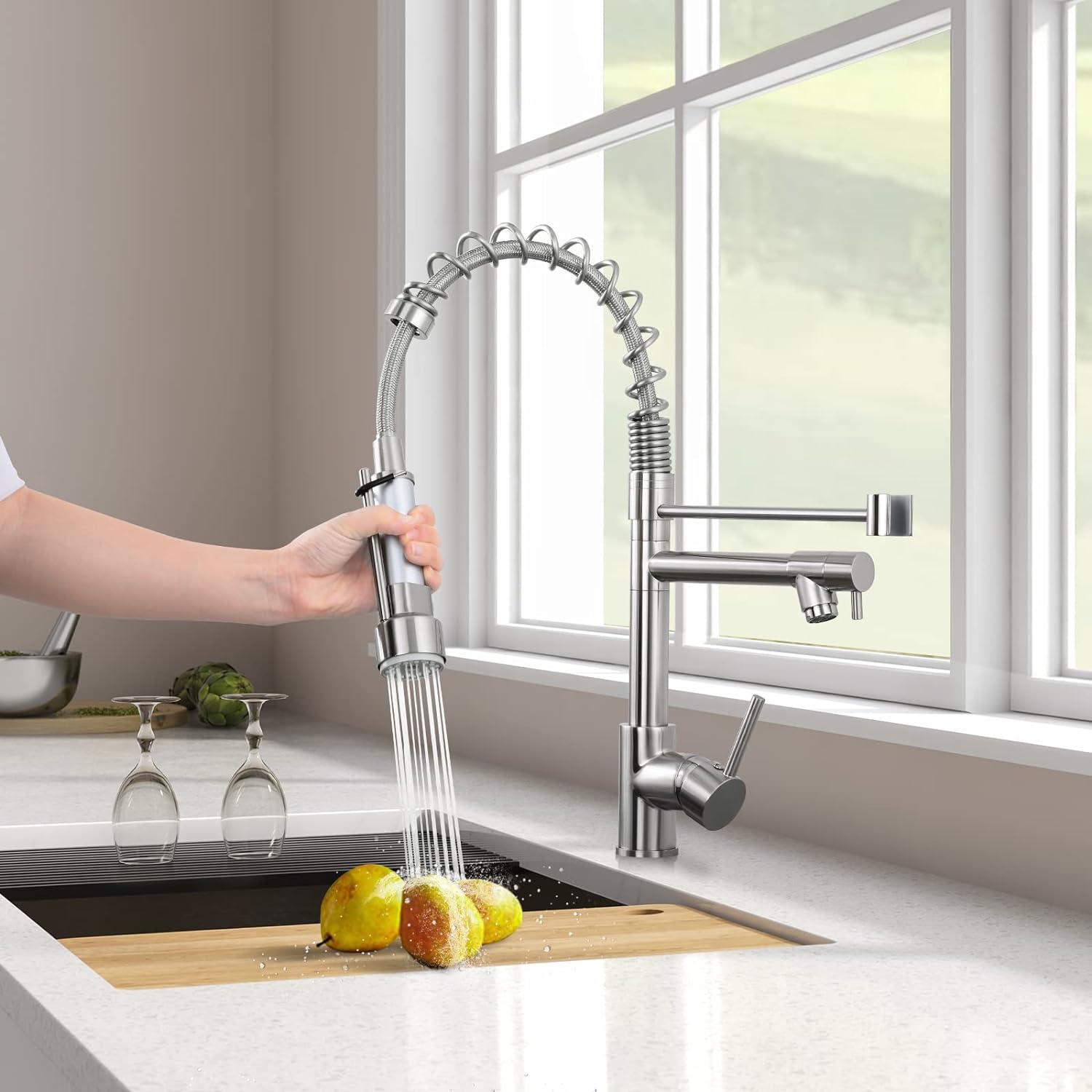 Stainless Steel Single Handle Spring Kitchen Sink Faucets with Sprayer, with Deck Plate