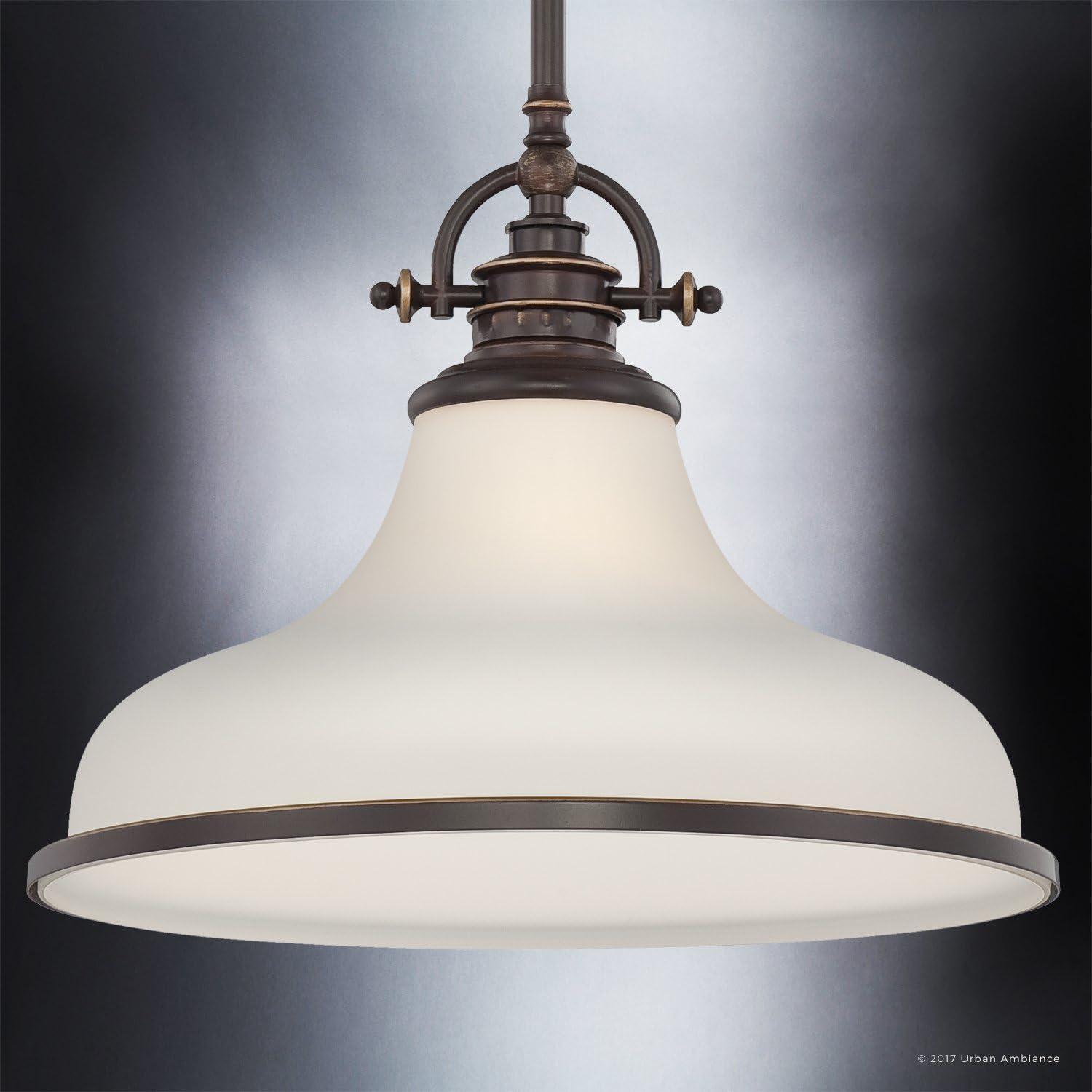 Urban Ambiance Luxury Industrial Hanging Pendant Light, Medium Size: 11.5"H x 13.5"W, with Americana Style Elements, Nostalgic Design, Oil Rubbed Parisian Bronze Finish and Opal Etched Glass, UQL2335