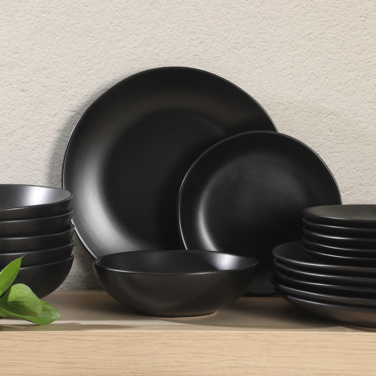 Gibson Home Bethel 18 Piece Plates and Bowls Ceramic Stoneware Organic Shape Dinnerware Set (Service for 6) - Matte Black