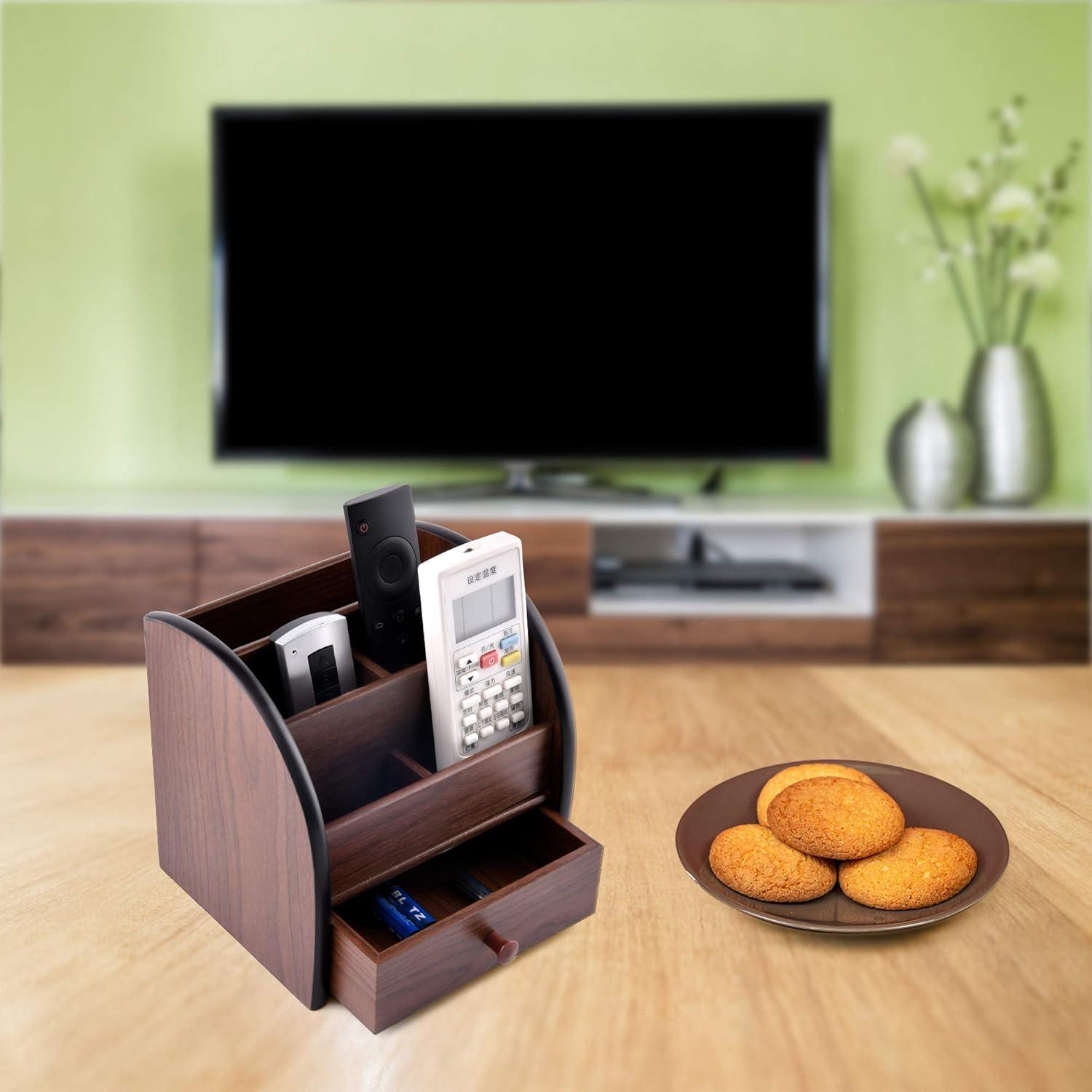 Wooden Desktop Organizer with Drawer, Multifunctional Office Supply Storage - Remote Control Caddy Holder