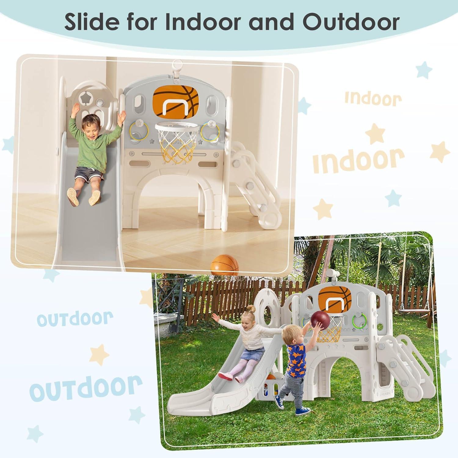 9-in-1 Beige and Gray Toddler Playset with Slide and Basketball Hoop