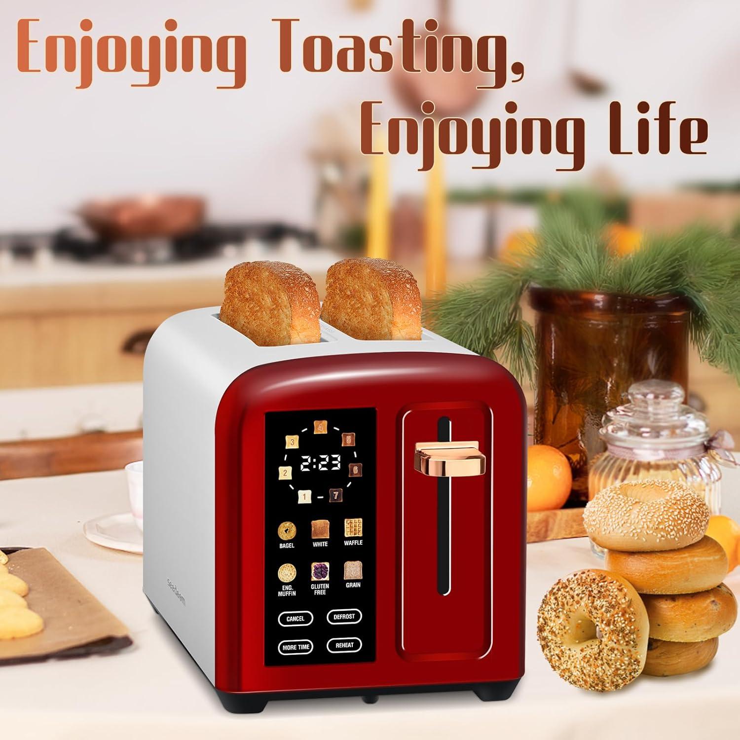 SEEDEEM Toaster 2 Slice with Touch Screen, Faster Heating Speed, 7 Shade Setting, 6 Bread Type, 1.5”Wide Slots Toaster, Removable Crumb Tray, 1350W, Dark Cherry