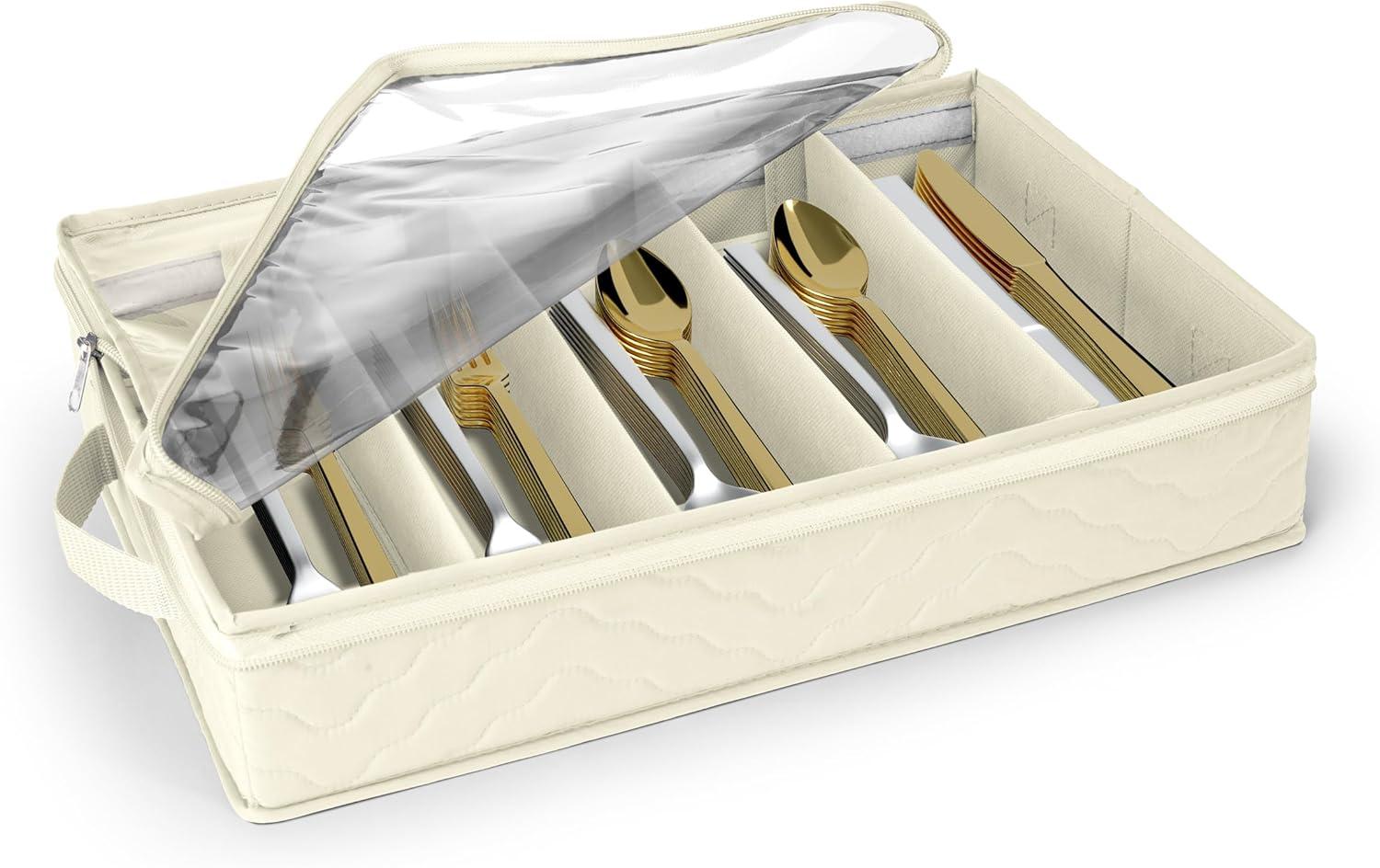 Sorbus Flatware & Utensil Storage - Gray Fabric Chest Box for Storage and Organizing Utensils, Silverware, Flatware, Cutlery - Silverware Organizer Container with Zipper Clear Lid & Adjustable Divider