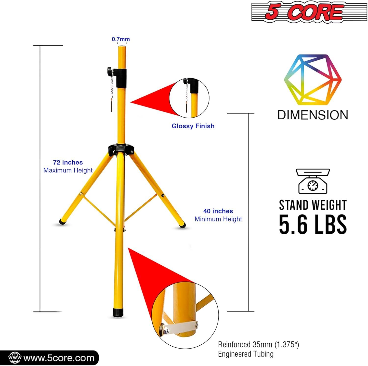 5 Core 2 Professional Speaker Tripod Stand Adjustable Up to 71 inches Heavy Duty Durable Steel, Portable 35mm Compatible Insert Perfect for Home, on stage or in Studio Use Pair - Yellow SS HD 2 PK YLW
