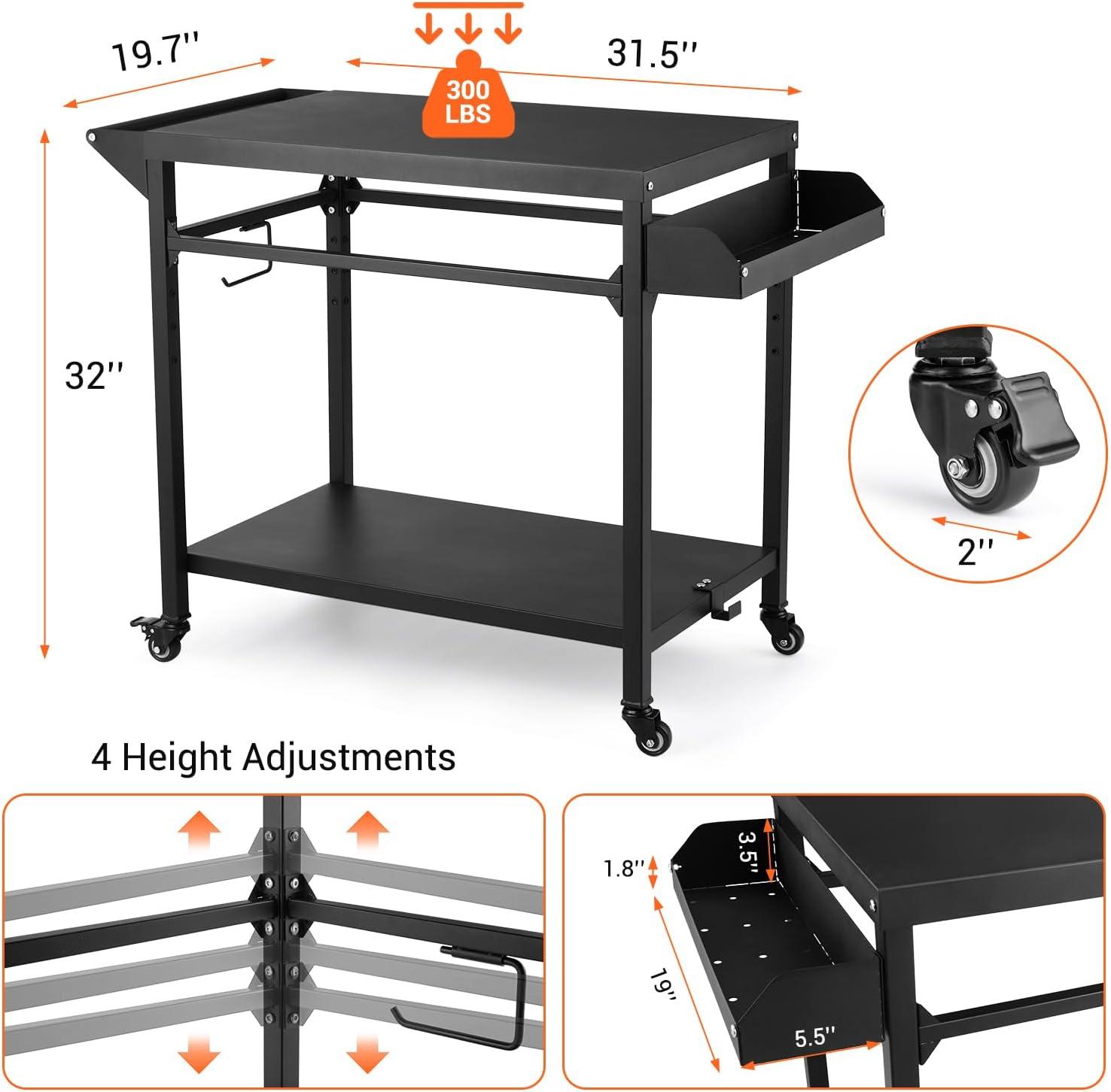 Outdoor Grill Cart, Pizza Oven Stand Table with Wheels for Outside Patio, Heavy Duty Movable Outdoor Cooking Prep Table BBQ Smoker Cart for Backyard, Camping and Parties