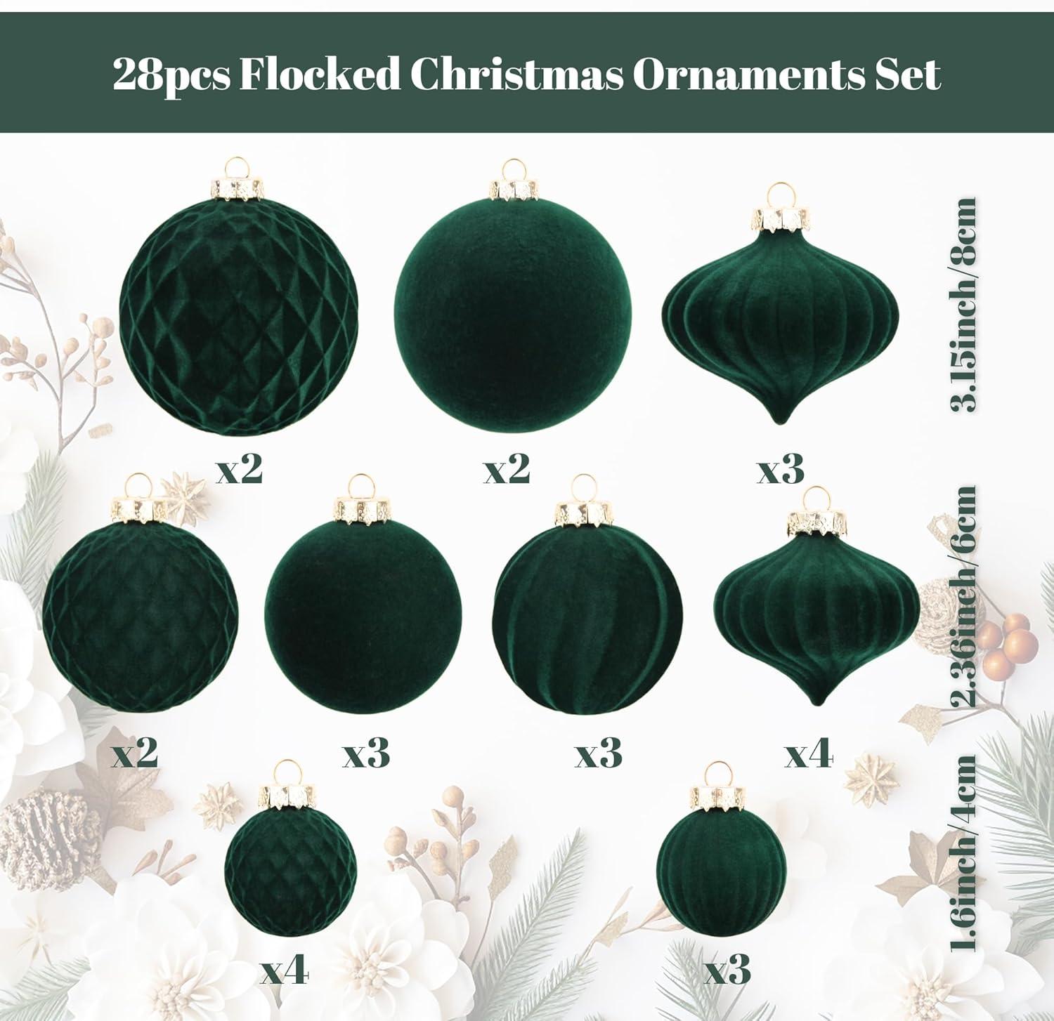 Dark Green Velvet Christmas Ornament Set - Pack of 28