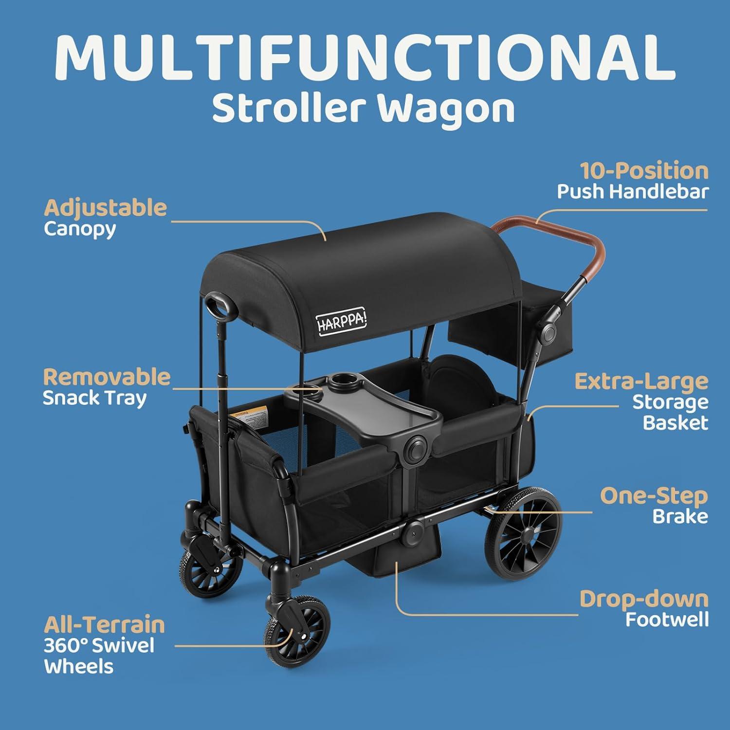 HARPPA Foldable Wagon Stroller for 2 Toddlers with Pull & Push Handle, Canopy, 32.9lbs, Black