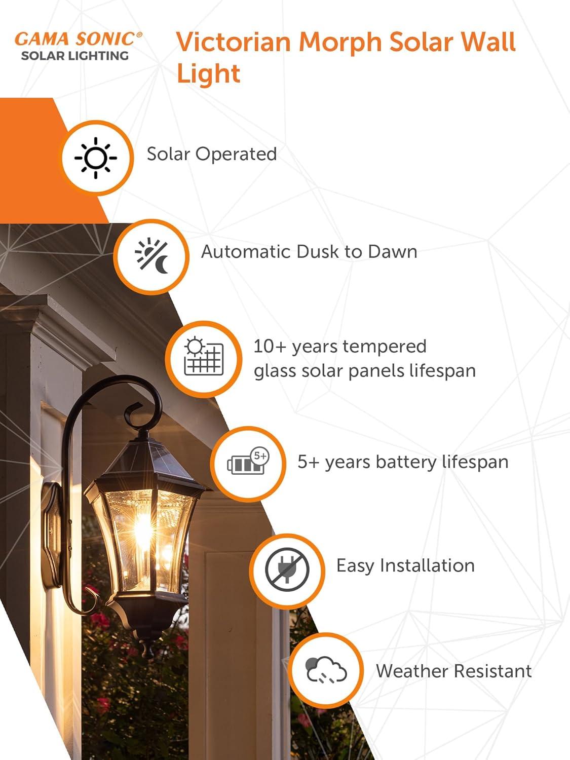 Gama Sonic Victorian Solar Wall Light, Outdoor Solar Lamp, Cast Aluminum Sconce, 150 Lumens Warm White LED, Black (94BM50010)