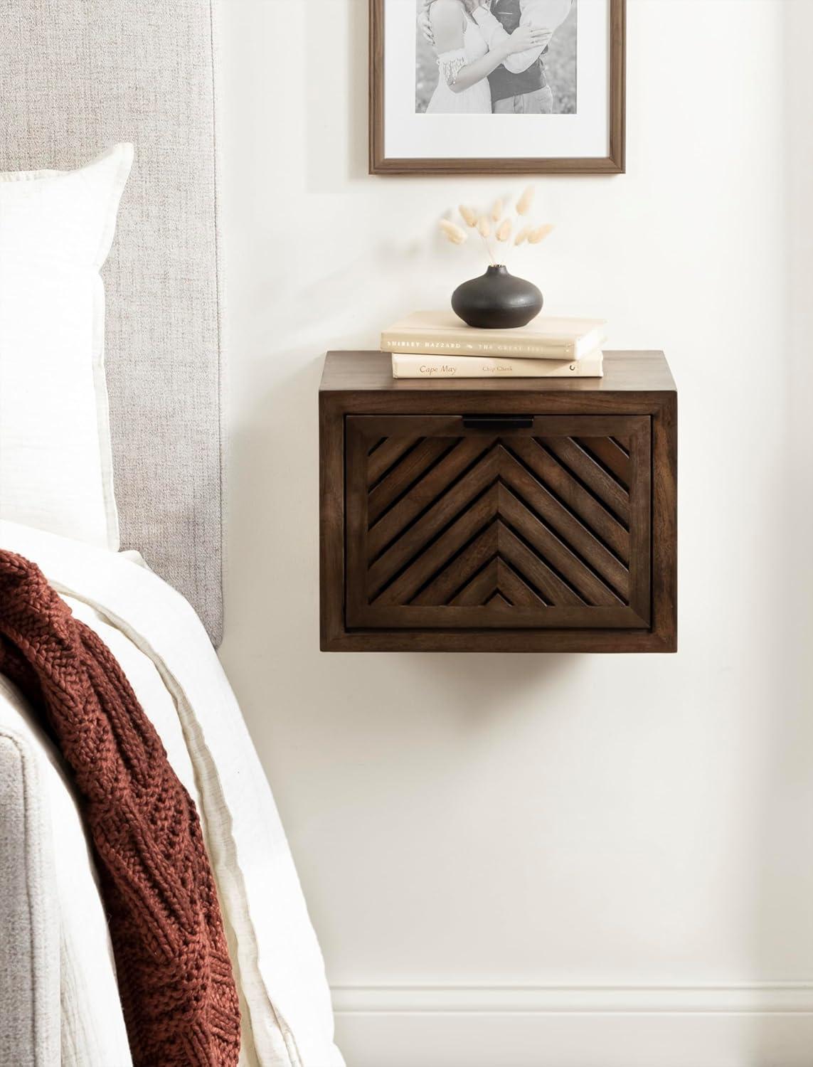 Kate and Laurel Mezzeta Modern Floating Shelf Side Table with Storage Cubby, 16 x 10 x 12, Natural Wood, Decorative Slatted Wood Floating Nightstand with Pull Down Door for Use as Bathroom Storage