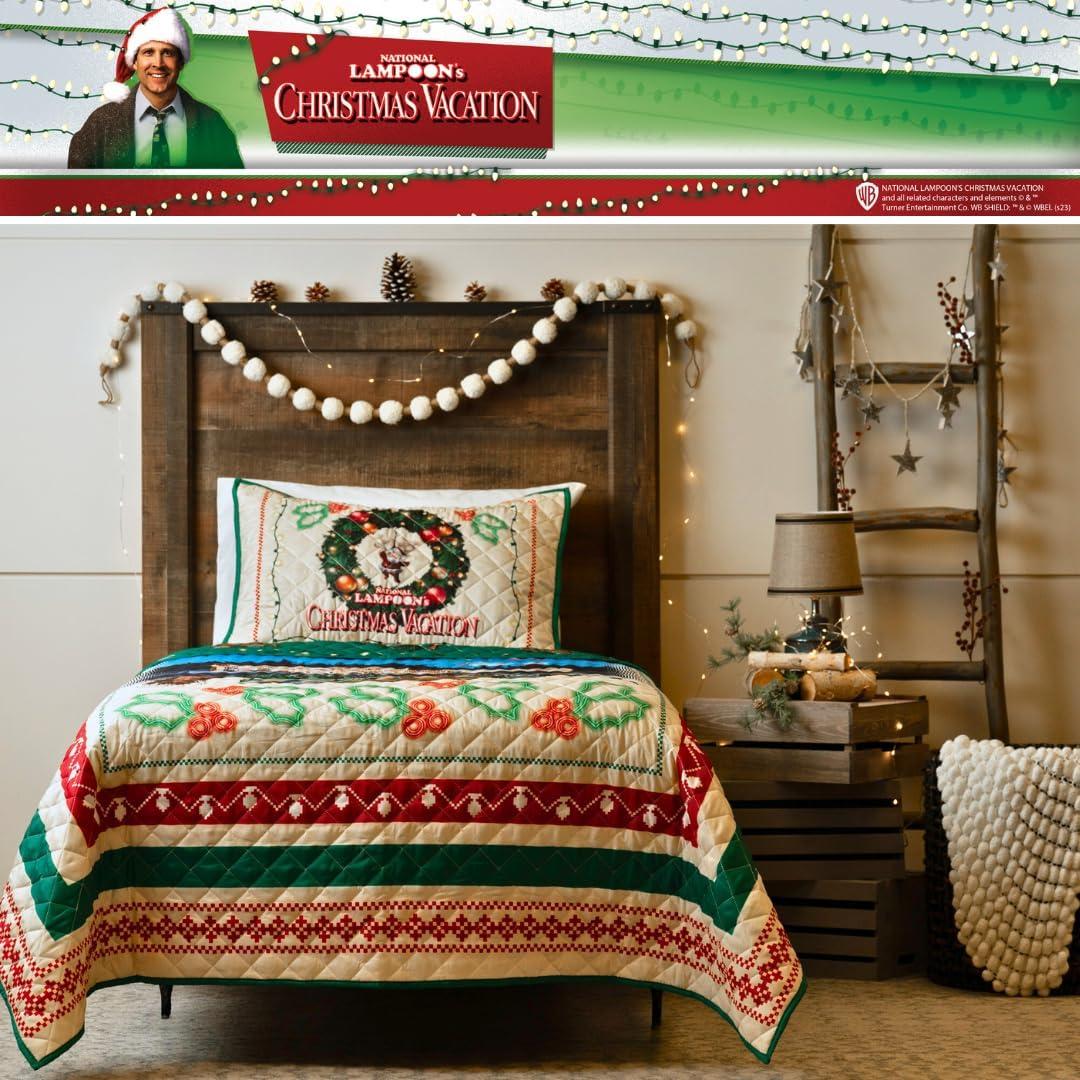 National Lampoon's Christmas Vacation Holiday Quilt Bedding Super Soft 3 Piece Pillow Sham and Quilt Set, Full Size 88" X 92", (100% Officially Licensed Product)