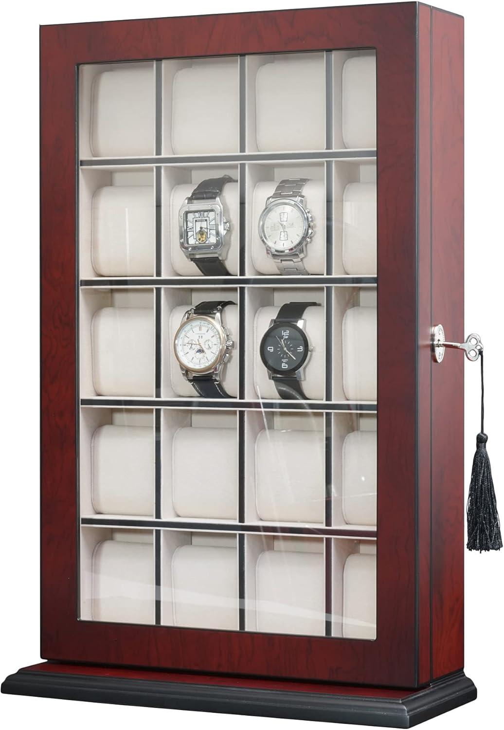 Cherry Wood 30-Slot Wall Mounted Watch Display Case