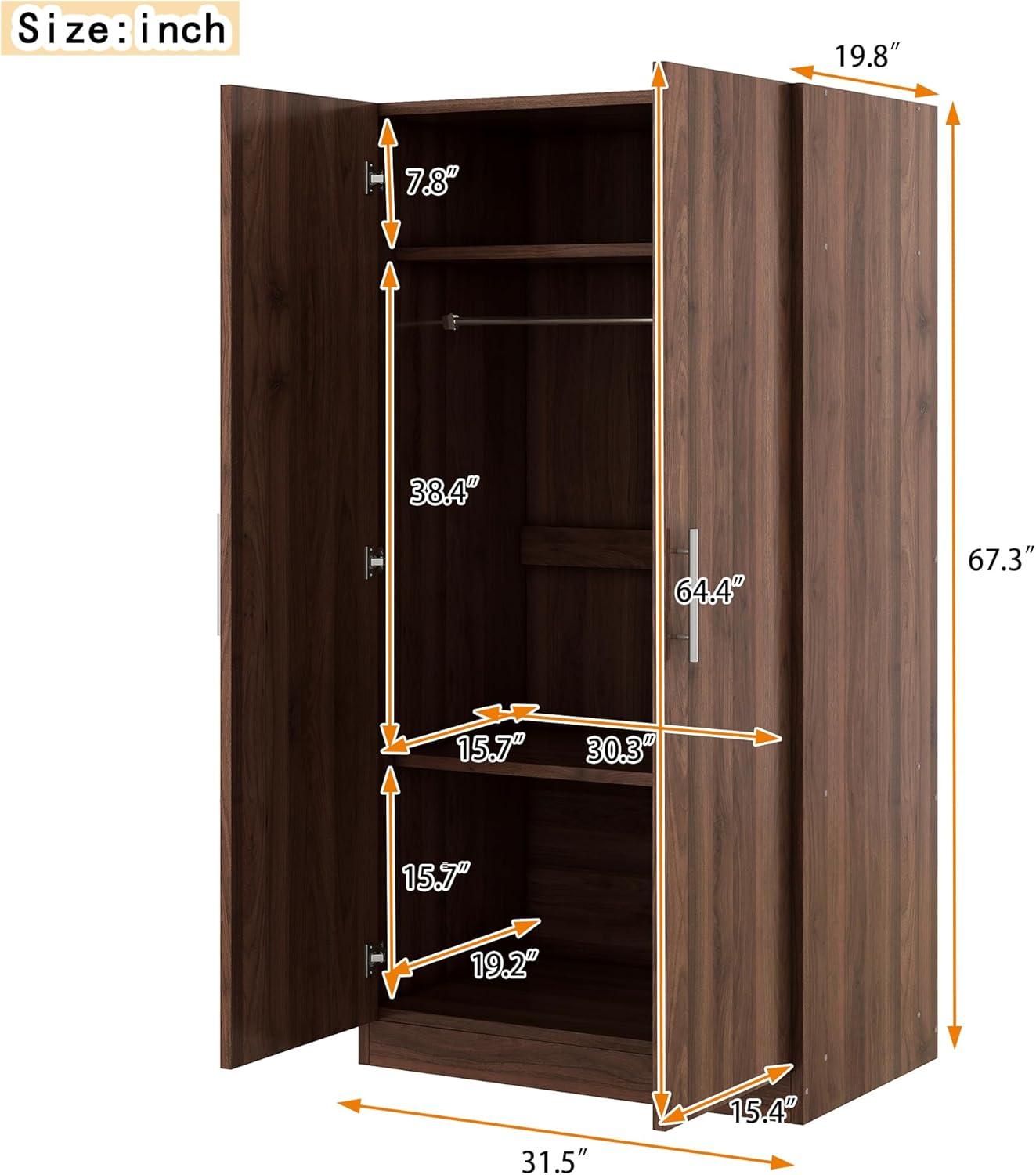 Gzxs Vintage Armoire, 2-Doors Versatile Storage Wardrobe with Hanger Rod, 3-Tier Wooden Storage Cabinet Organizer for Clothes, 31.5"L x 19.8"W x 67.3"H, Brown