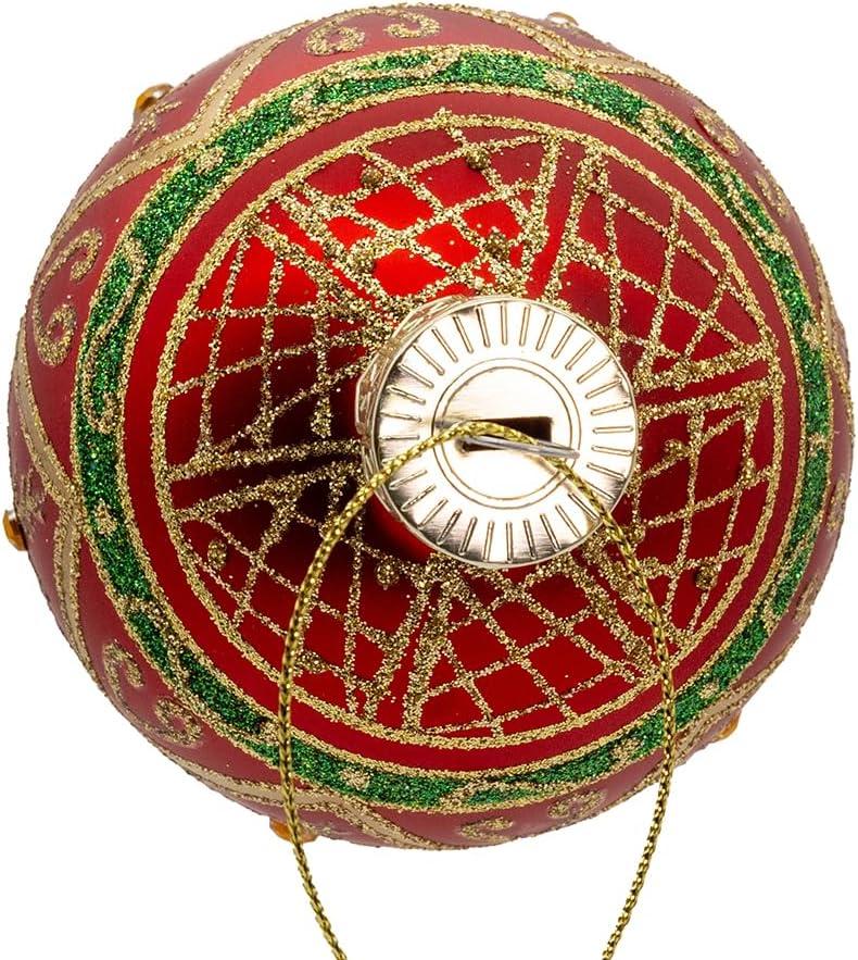 Kurt S. Adler  6 Piece 80 mm Glass Red with Green & Gold Design Ball Ornament Set