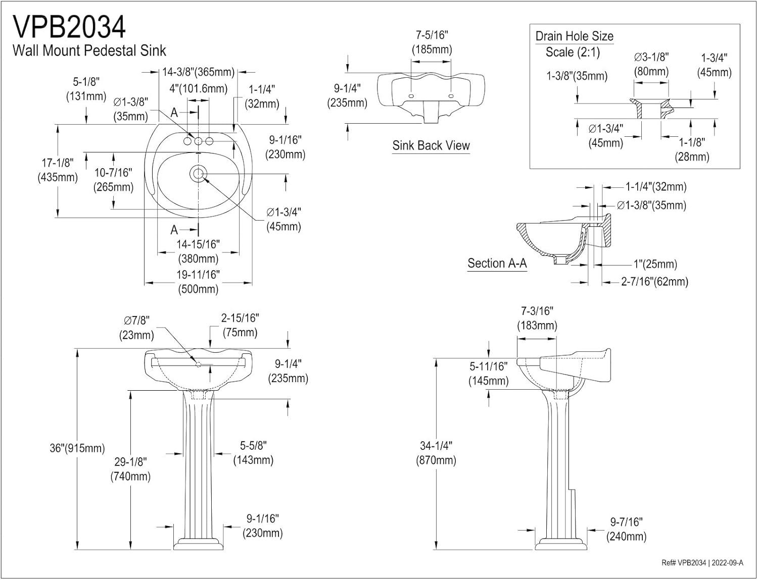 Kingston Brass Stuart 20-Inch Ceramic Pedestal Sink (4-Inch, 3 Hole)