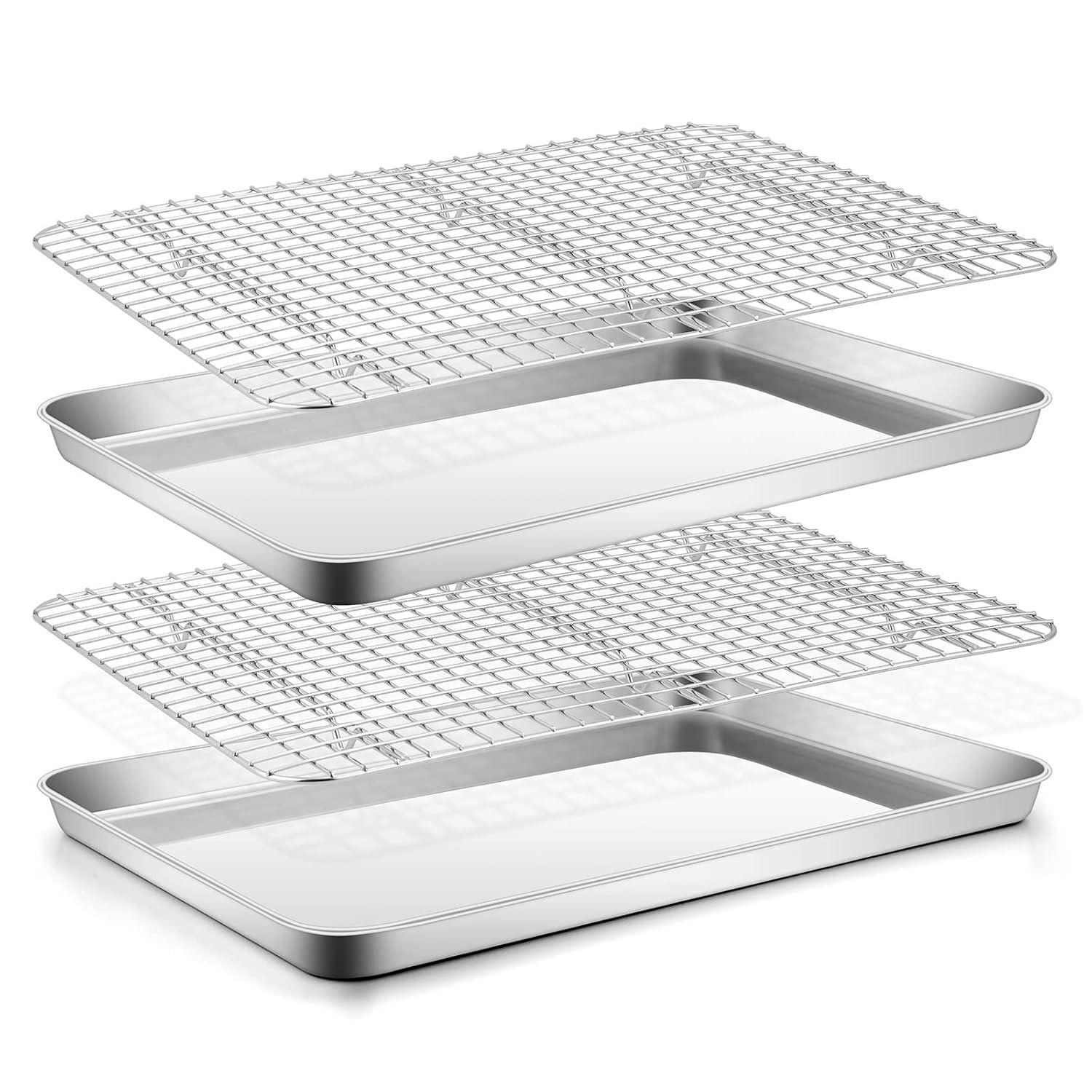 Baking Sheet with Wire Rack, Stainless Steel Cookie Sheet Pan Set, Non Stick Baking Pans with Cooling Rack for Oven Cooking, 15.9 x 12 x 1 inch 4 Pcs