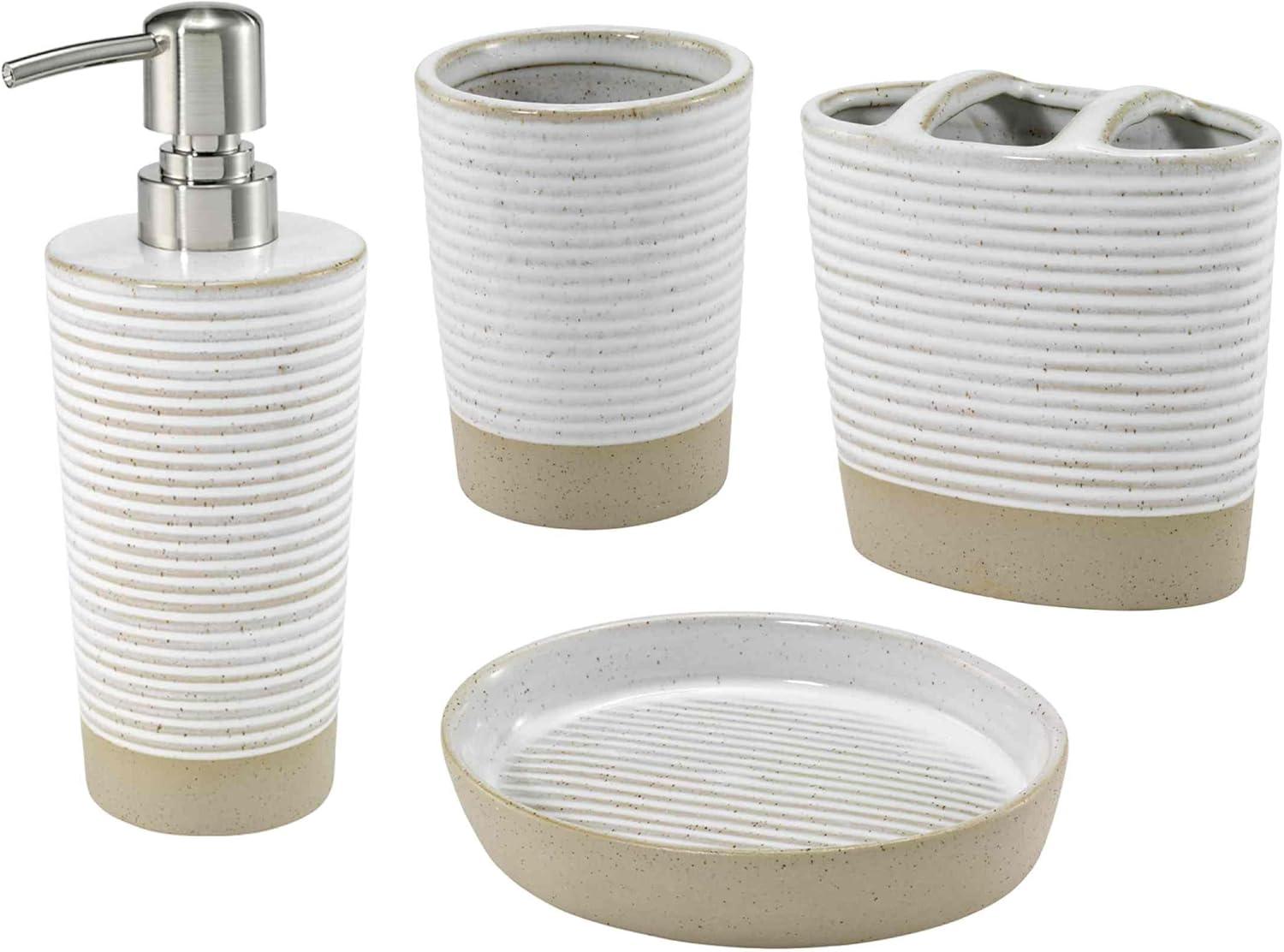 White and Beige Ceramic Bathroom Accessory Set