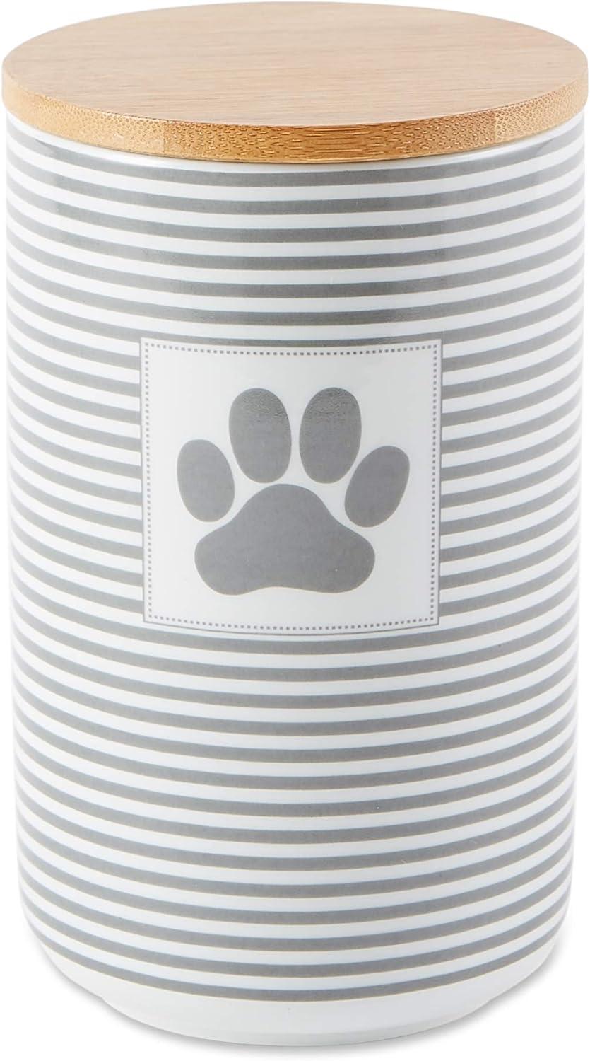 Gray Stripe Ceramic Pet Treat Canister with Bamboo Lid