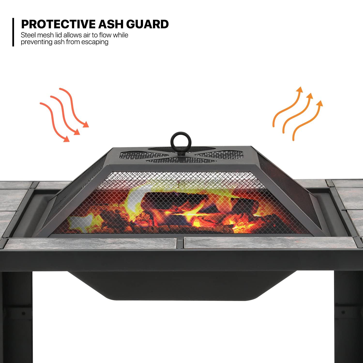 MoNiBloom 30" Square Fire Pit Table with Spark Screen Lid, Log Grate and Poker, Wood Burning Fire Pit with Shelf and Removable Tile, Black