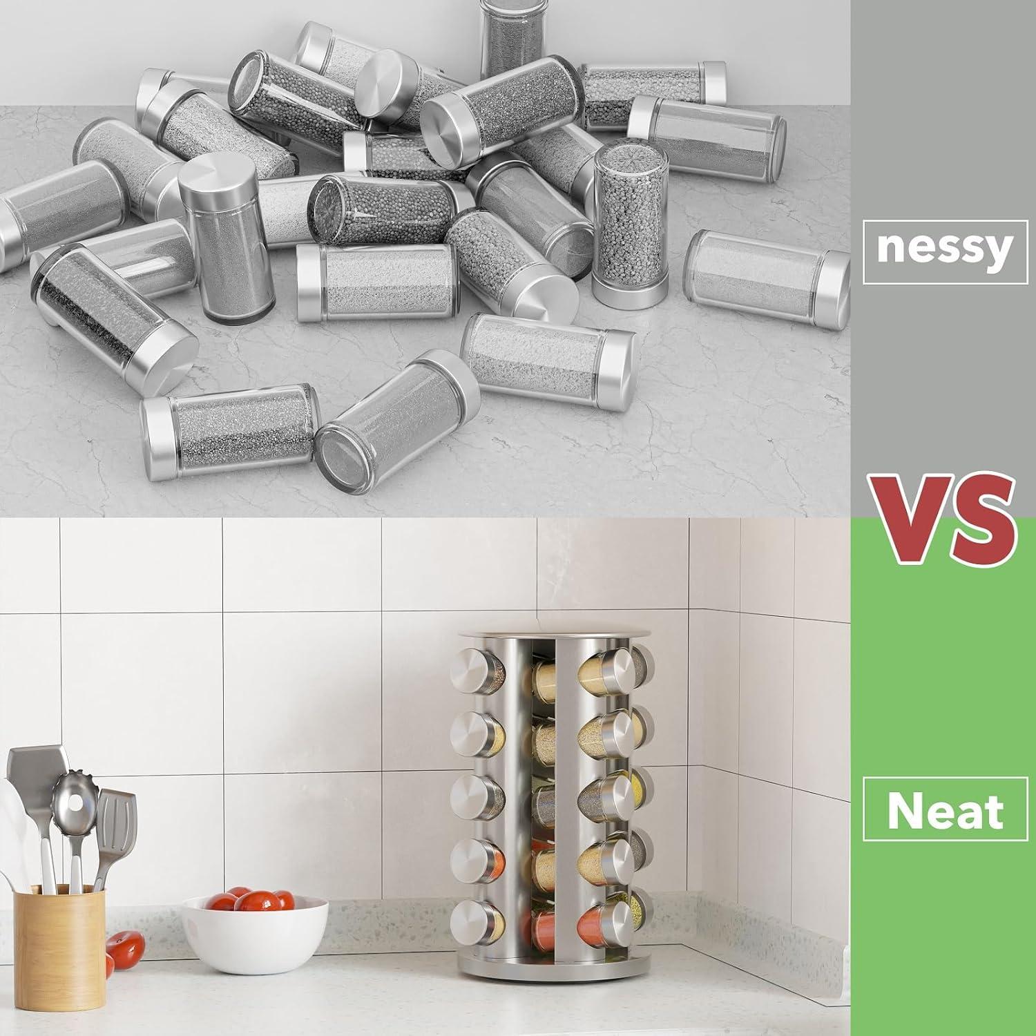 New England Stories Revolving Spice Rack Set with 20 Spice Jars - Kitchen Spice Tower Organizer for Countertop or Cabinet, Includes 386 Spice Labels, Rotating Desktop Seasoning Organizer