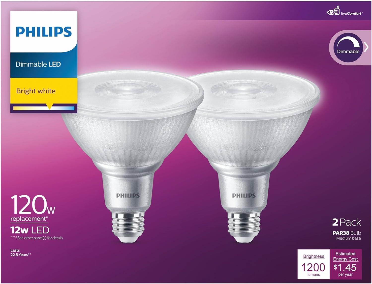 Philips LED 120-Watt PAR38 In/Outdoor Flood Light Bulb, Bright White, Dimmable, 40° Beam Spread, E26 Medium Base (2-Pack)