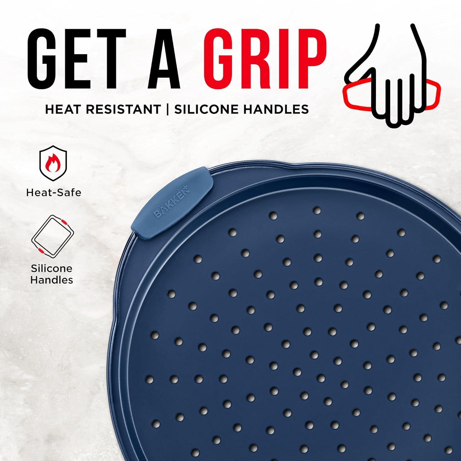 Bakken Pizza Baking Pan - Round Perforated Carbon Steel Pan with Non-Stick Marble Coating, Oversized Silicone Handle, Dishwasher Safe, High-Temperature Resistant, Durable & Easy Cleanup Blue, 1 Pack